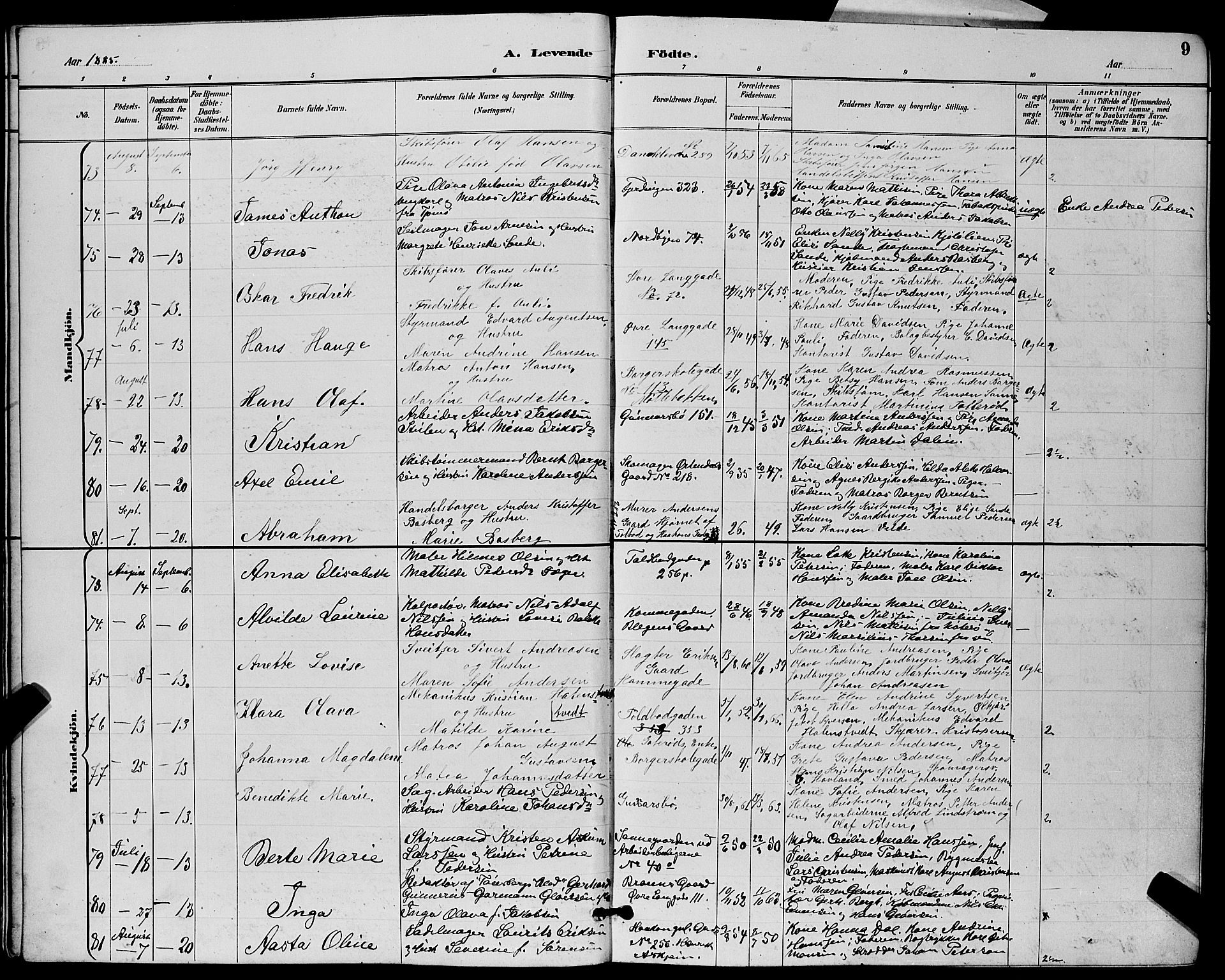 Tønsberg kirkebøker, AV/SAKO-A-330/G/Ga/L0006: Parish register (copy) no. 6, 1885-1895, p. 9