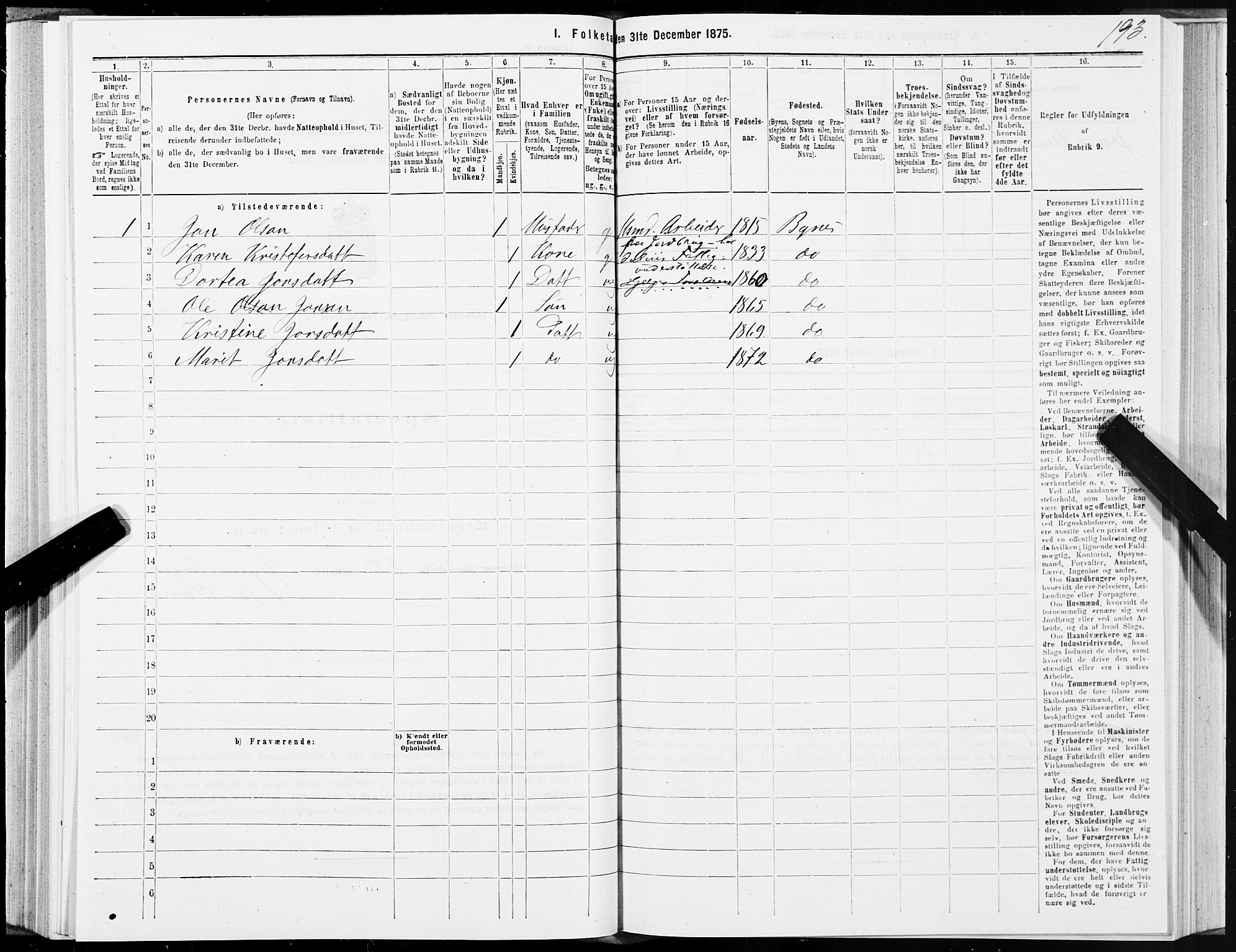 SAT, 1875 census for 1655P Byneset, 1875, p. 1193