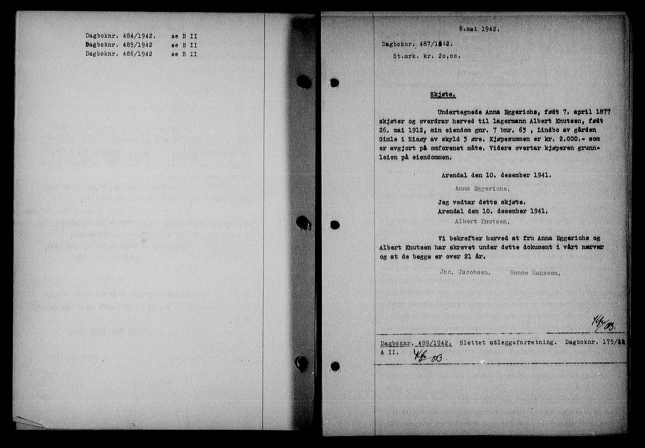 Nedenes sorenskriveri, AV/SAK-1221-0006/G/Gb/Gba/L0049: Mortgage book no. A-III, 1941-1942, Diary no: : 487/1942