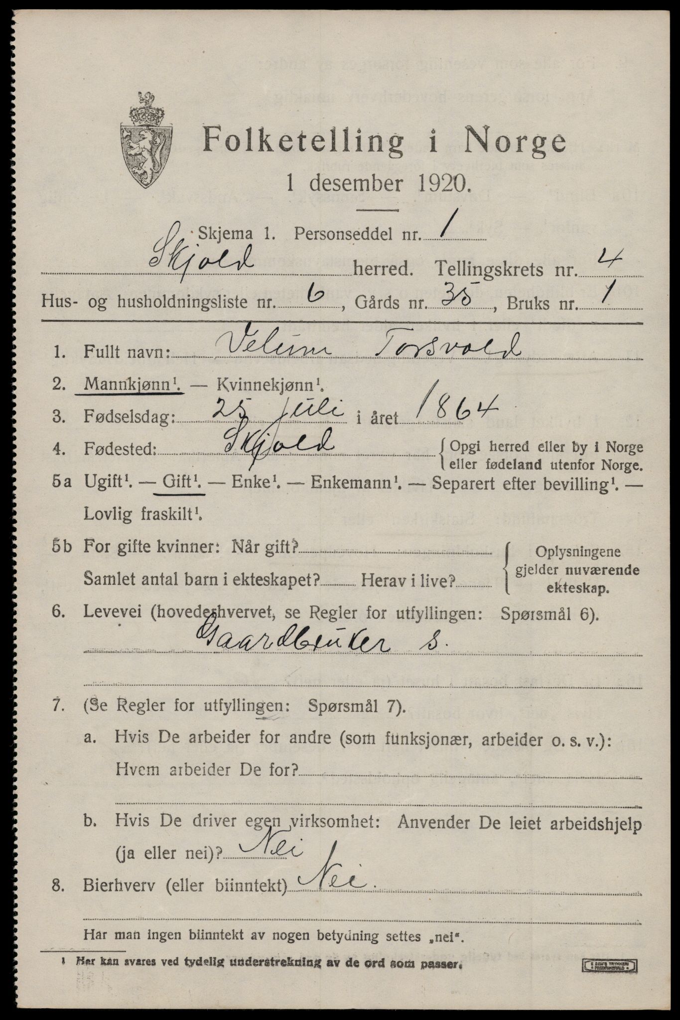 SAST, 1920 census for Skjold, 1920, p. 2384