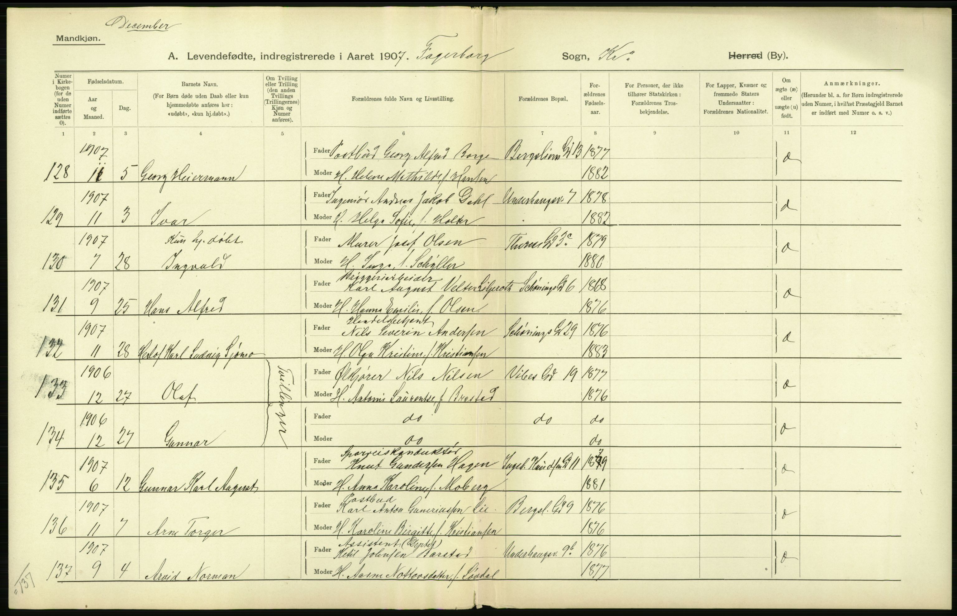 Statistisk sentralbyrå, Sosiodemografiske emner, Befolkning, AV/RA-S-2228/D/Df/Dfa/Dfae/L0006: Kristiania: Levendefødte menn og kvinner., 1907, p. 132