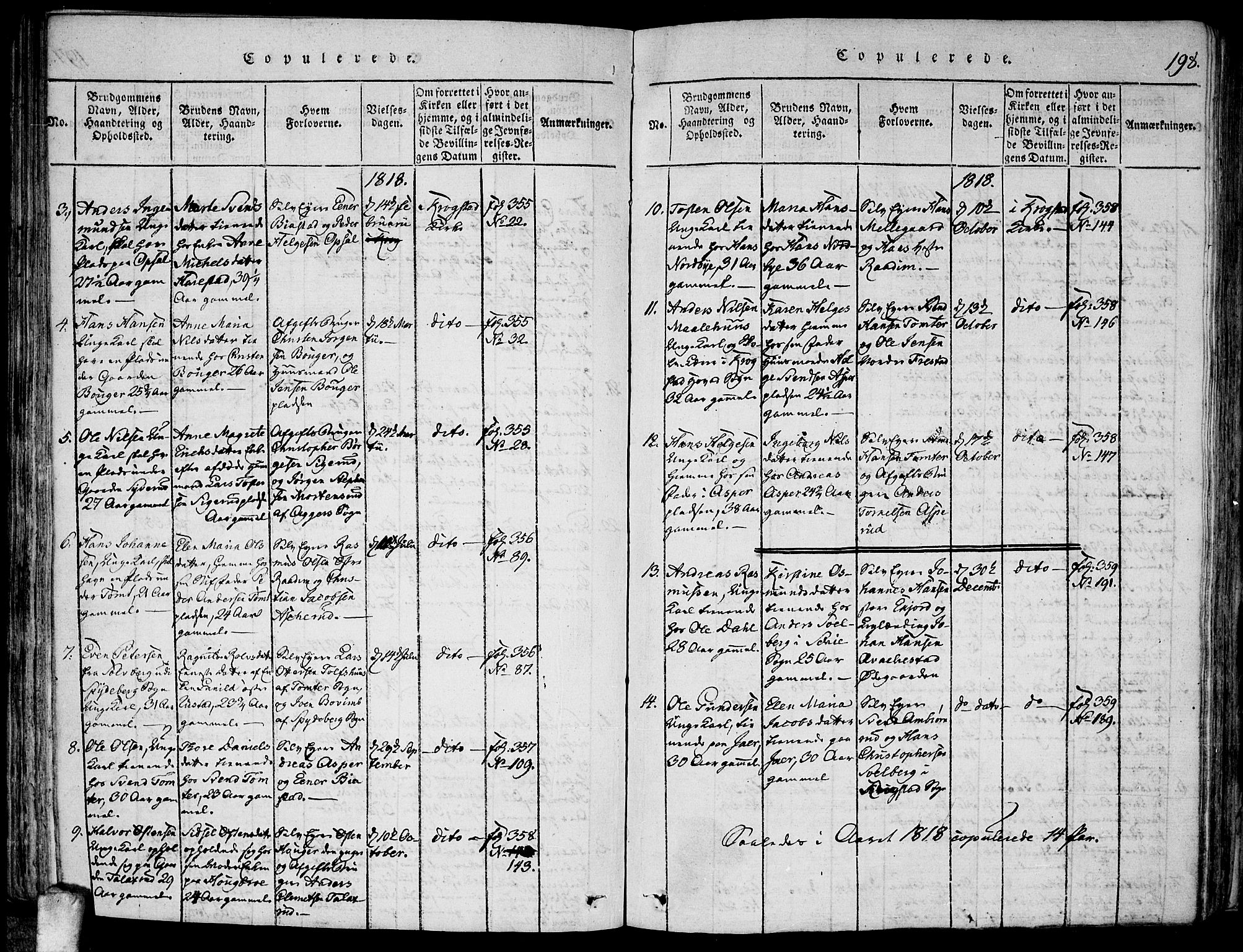 Kråkstad prestekontor Kirkebøker, SAO/A-10125a/F/Fa/L0003: Parish register (official) no. I 3, 1813-1824, p. 198