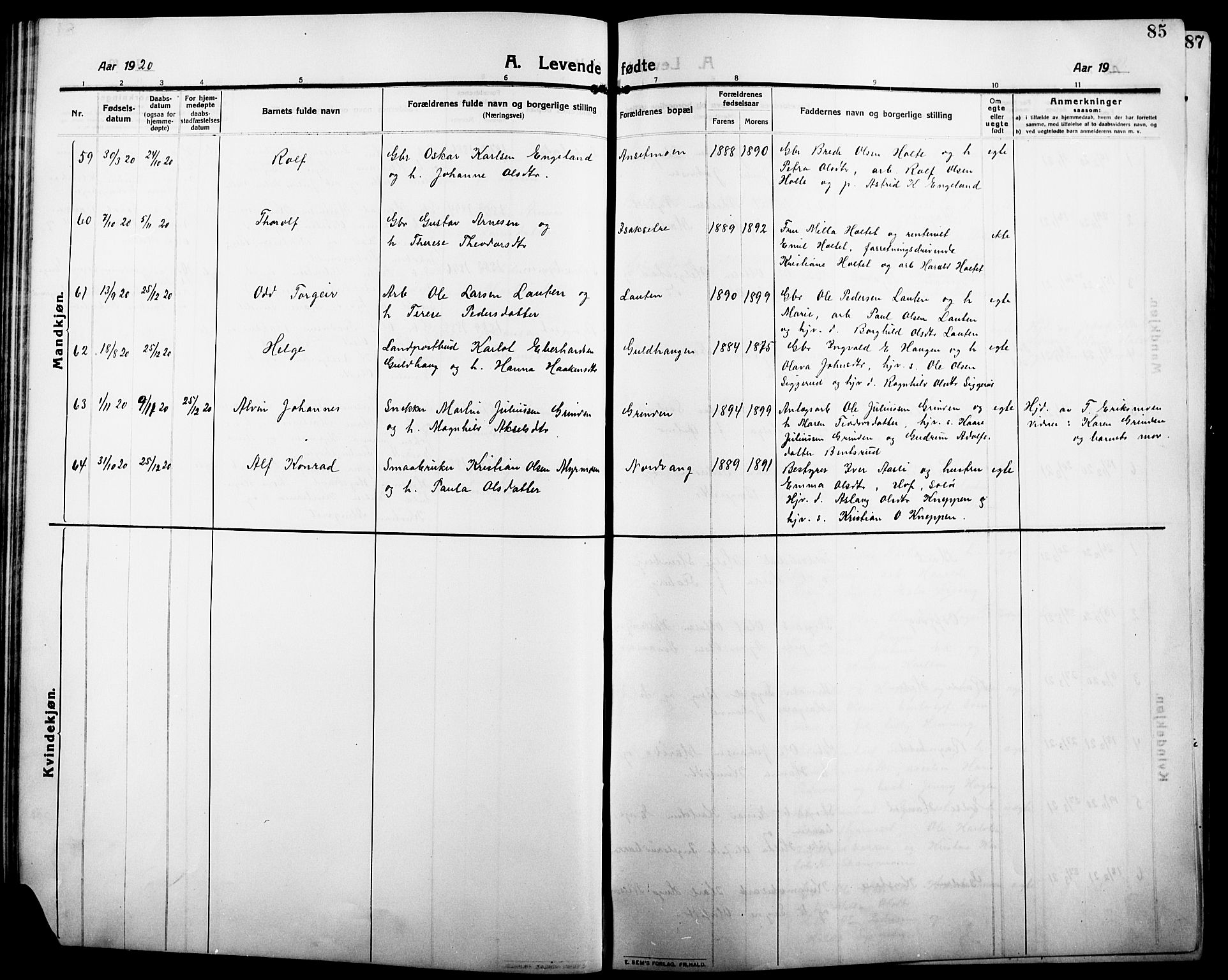 Åsnes prestekontor, AV/SAH-PREST-042/H/Ha/Hab/L0007: Parish register (copy) no. 7, 1909-1926, p. 85