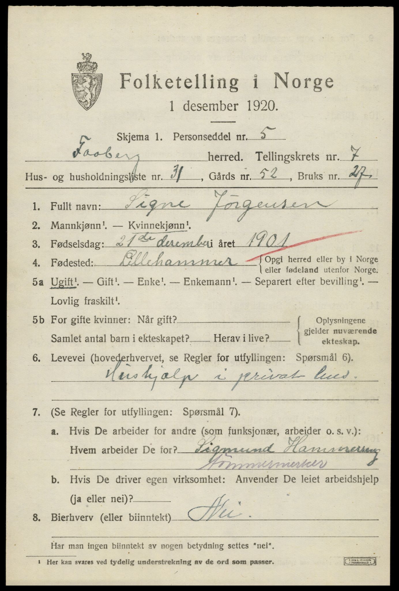 SAH, 1920 census for Fåberg, 1920, p. 8392