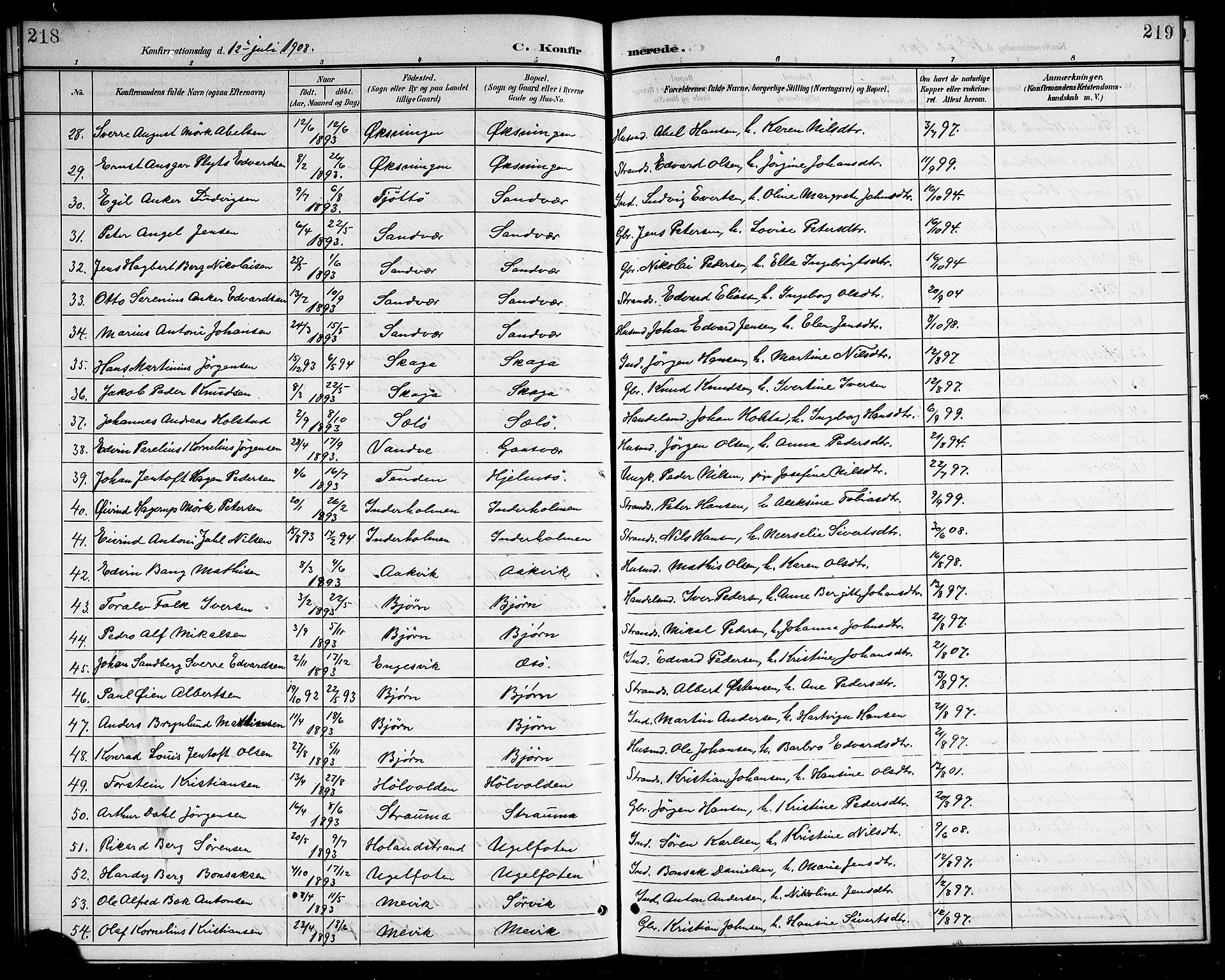 Ministerialprotokoller, klokkerbøker og fødselsregistre - Nordland, AV/SAT-A-1459/834/L0516: Parish register (copy) no. 834C06, 1902-1918, p. 218-219