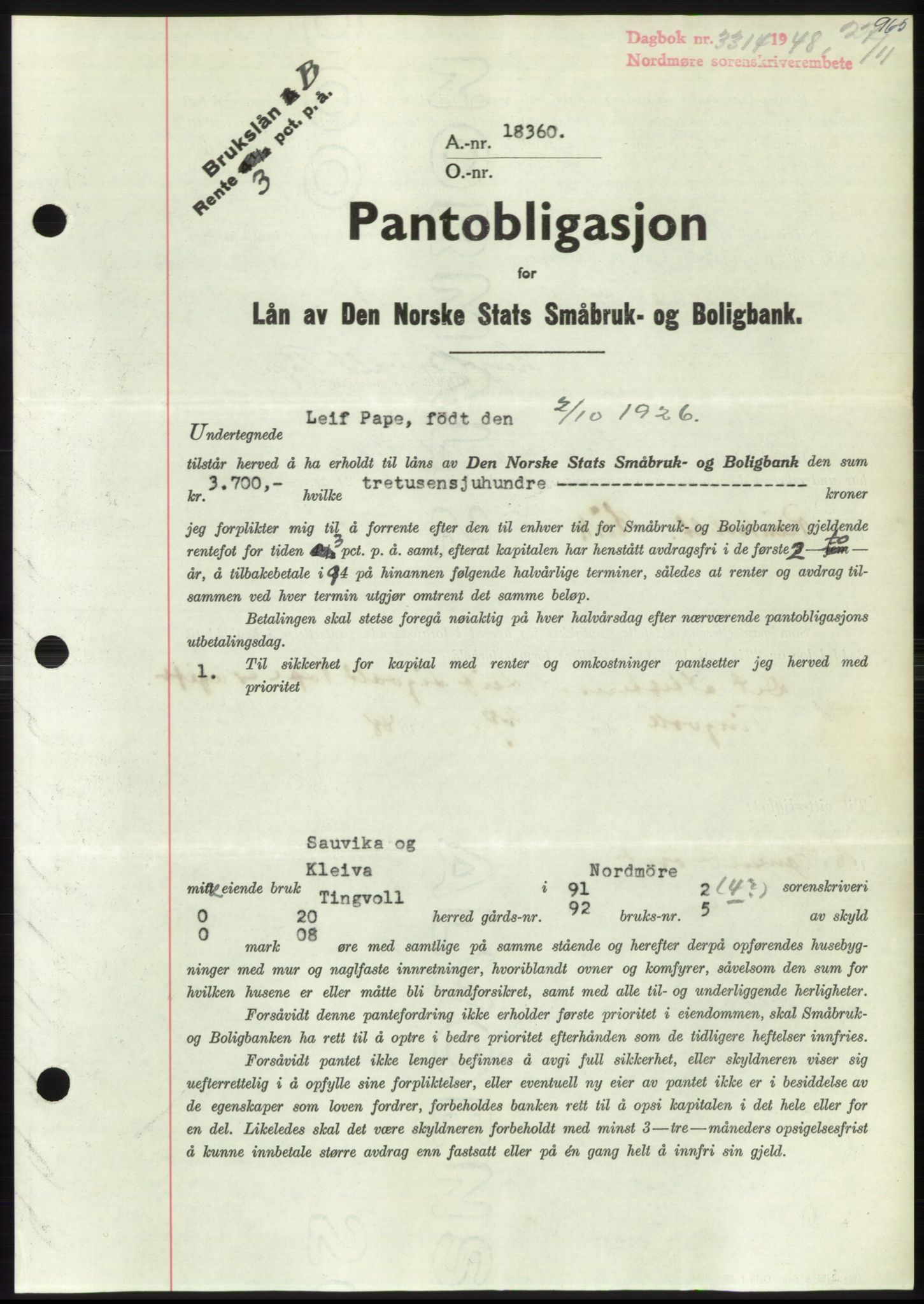 Nordmøre sorenskriveri, AV/SAT-A-4132/1/2/2Ca: Mortgage book no. B100, 1948-1949, Diary no: : 3314/1948