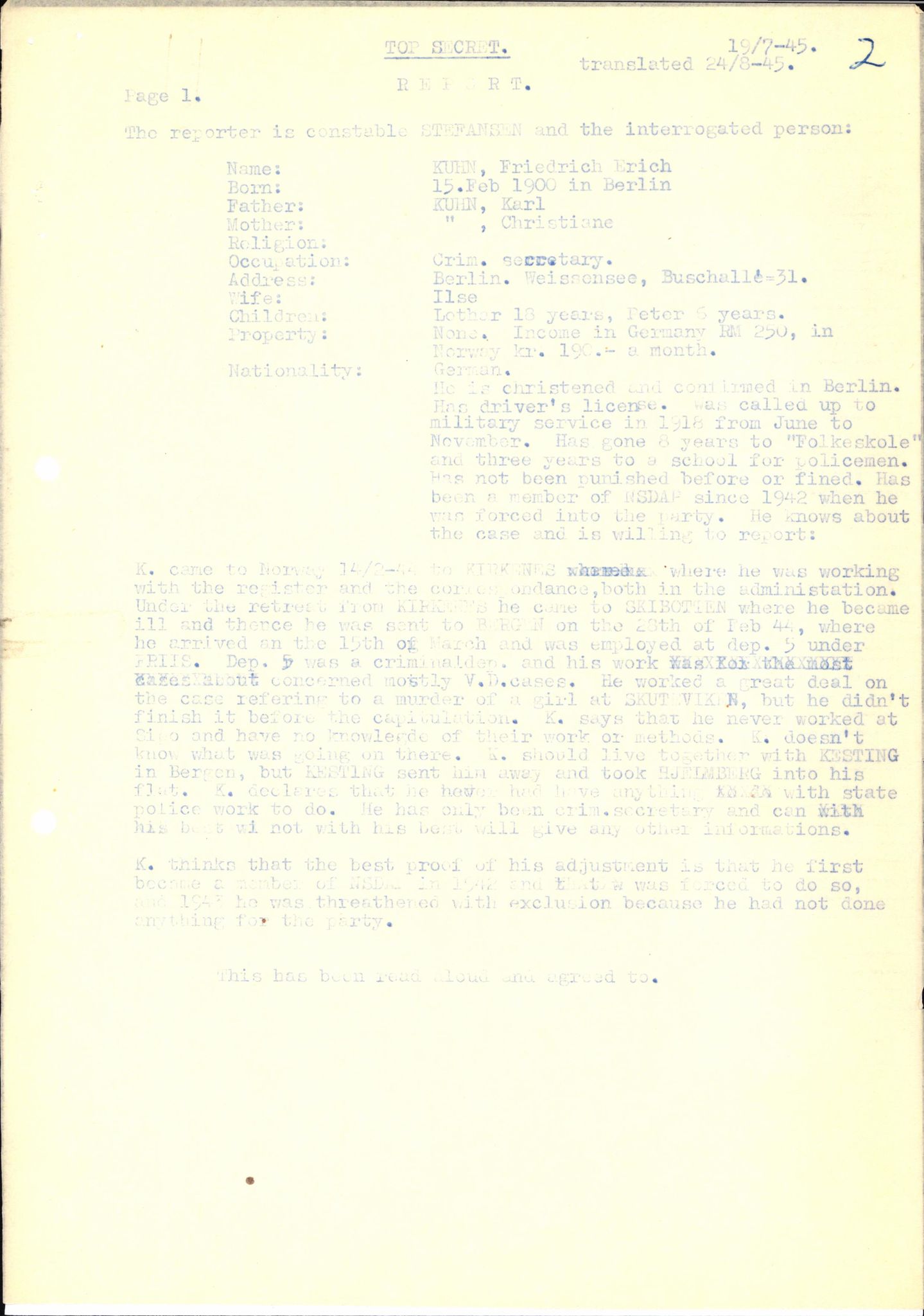 Forsvaret, Forsvarets overkommando II, AV/RA-RAFA-3915/D/Db/L0018: CI Questionaires. Tyske okkupasjonsstyrker i Norge. Tyskere., 1945-1946, p. 445