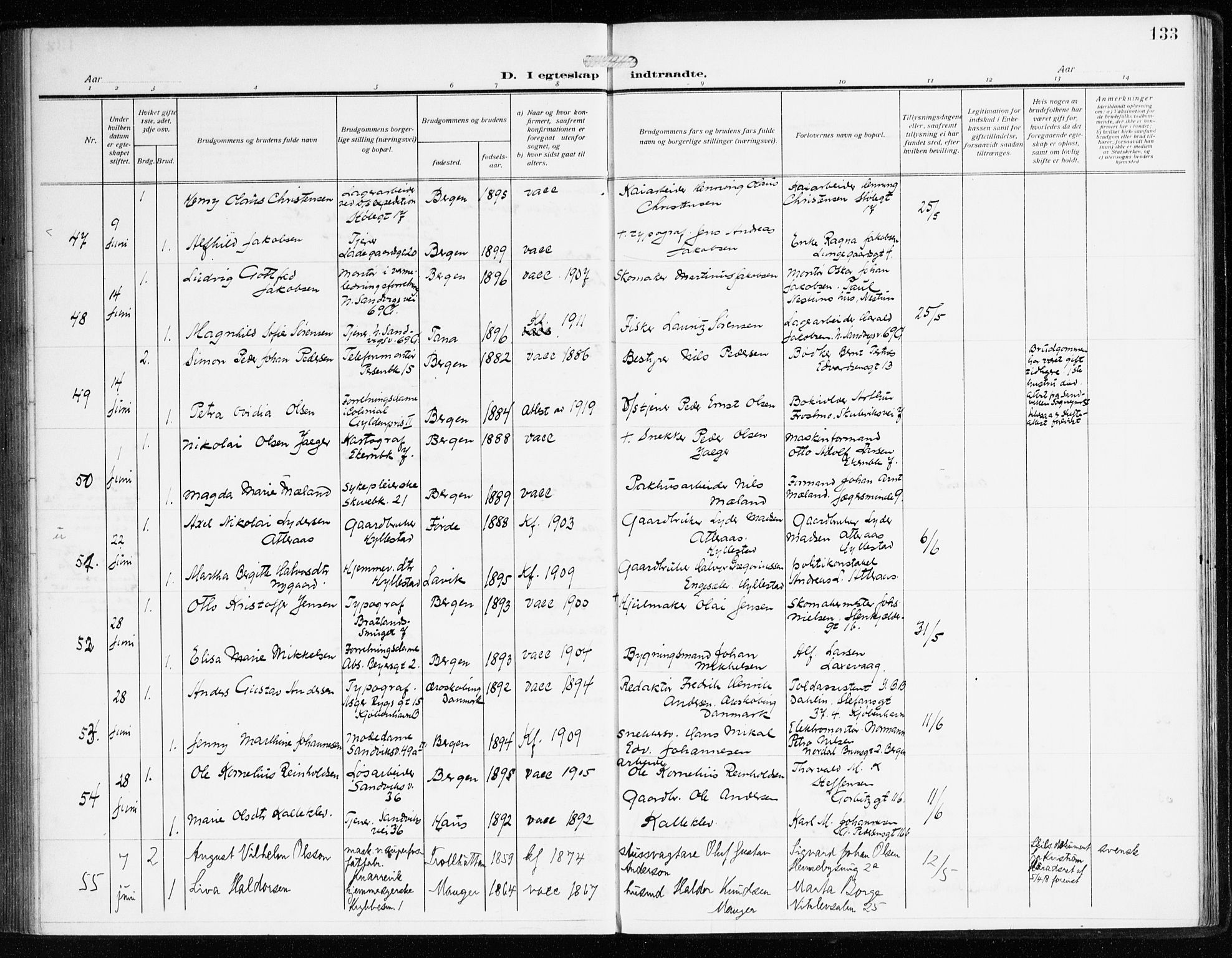 Sandviken Sokneprestembete, AV/SAB-A-77601/H/Ha/L0015: Parish register (official) no. D 2, 1911-1923, p. 133