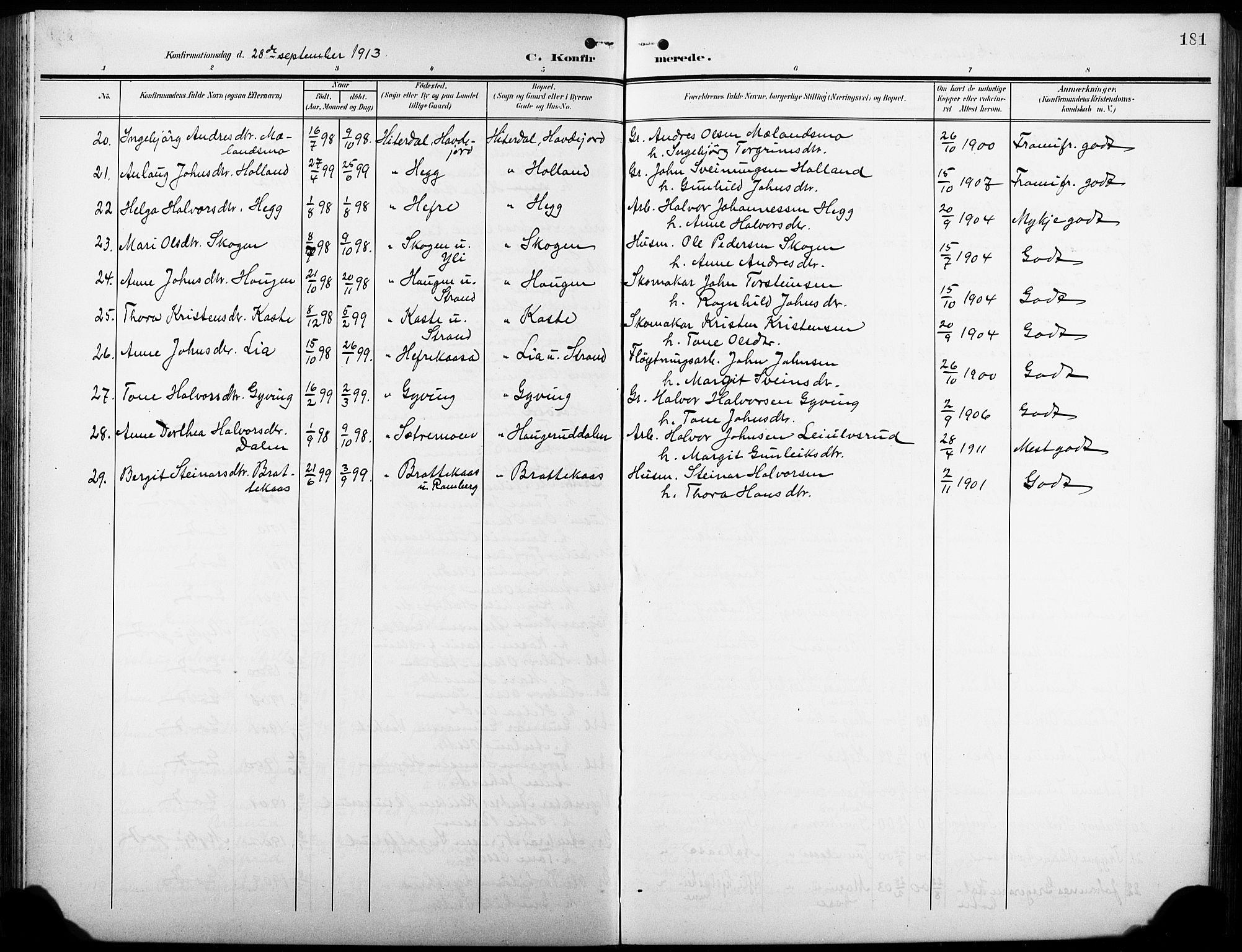 Heddal kirkebøker, SAKO/A-268/G/Ga/L0003: Parish register (copy) no. I 3, 1908-1932, p. 181