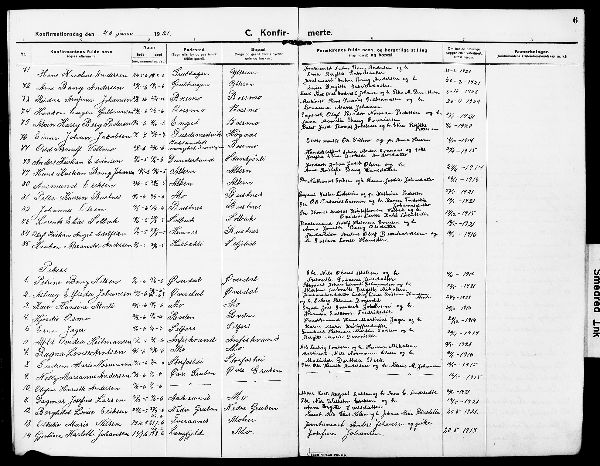 Ministerialprotokoller, klokkerbøker og fødselsregistre - Nordland, AV/SAT-A-1459/827/L0424: Parish register (copy) no. 827C13, 1921-1930, p. 6