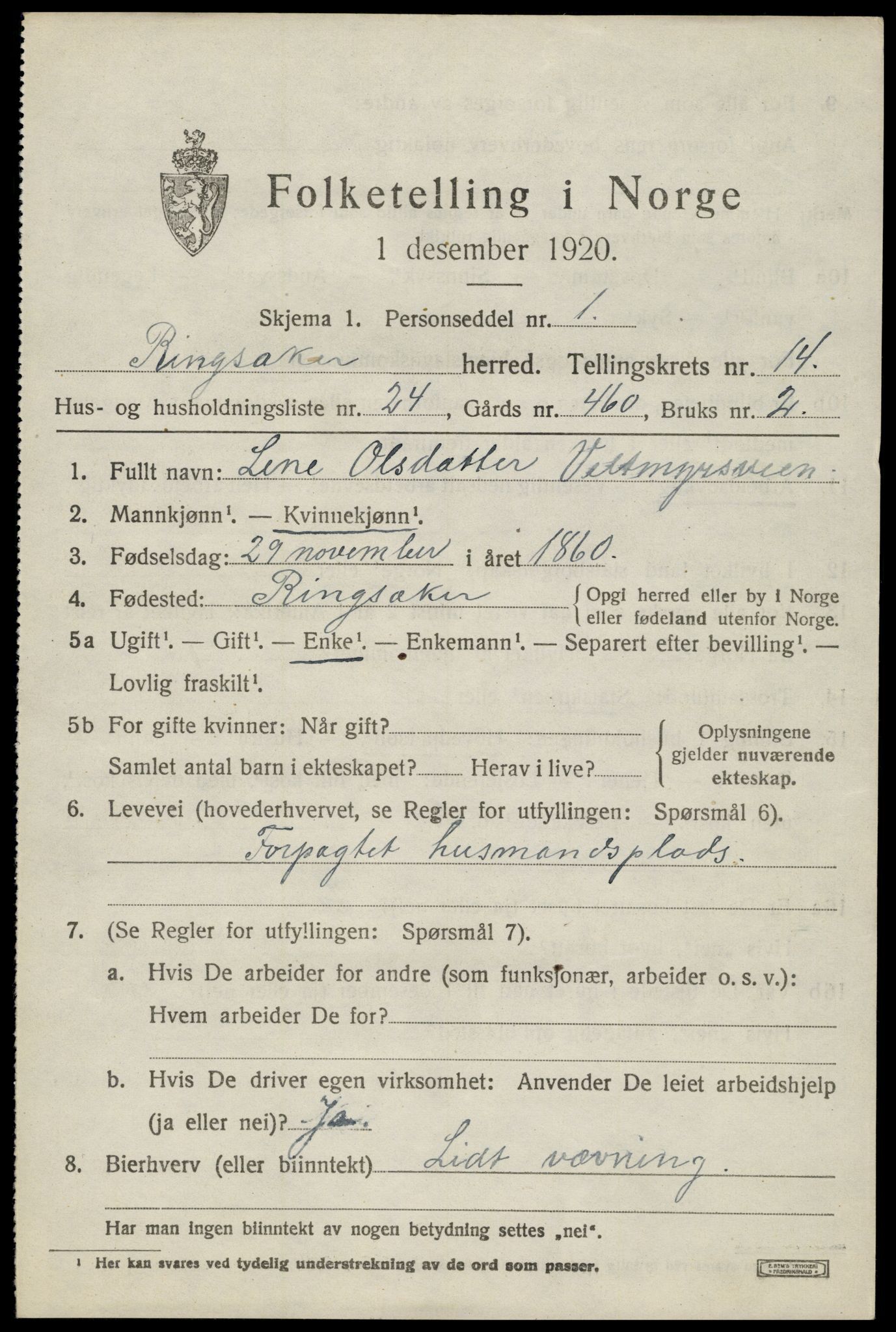 SAH, 1920 census for Ringsaker, 1920, p. 21850