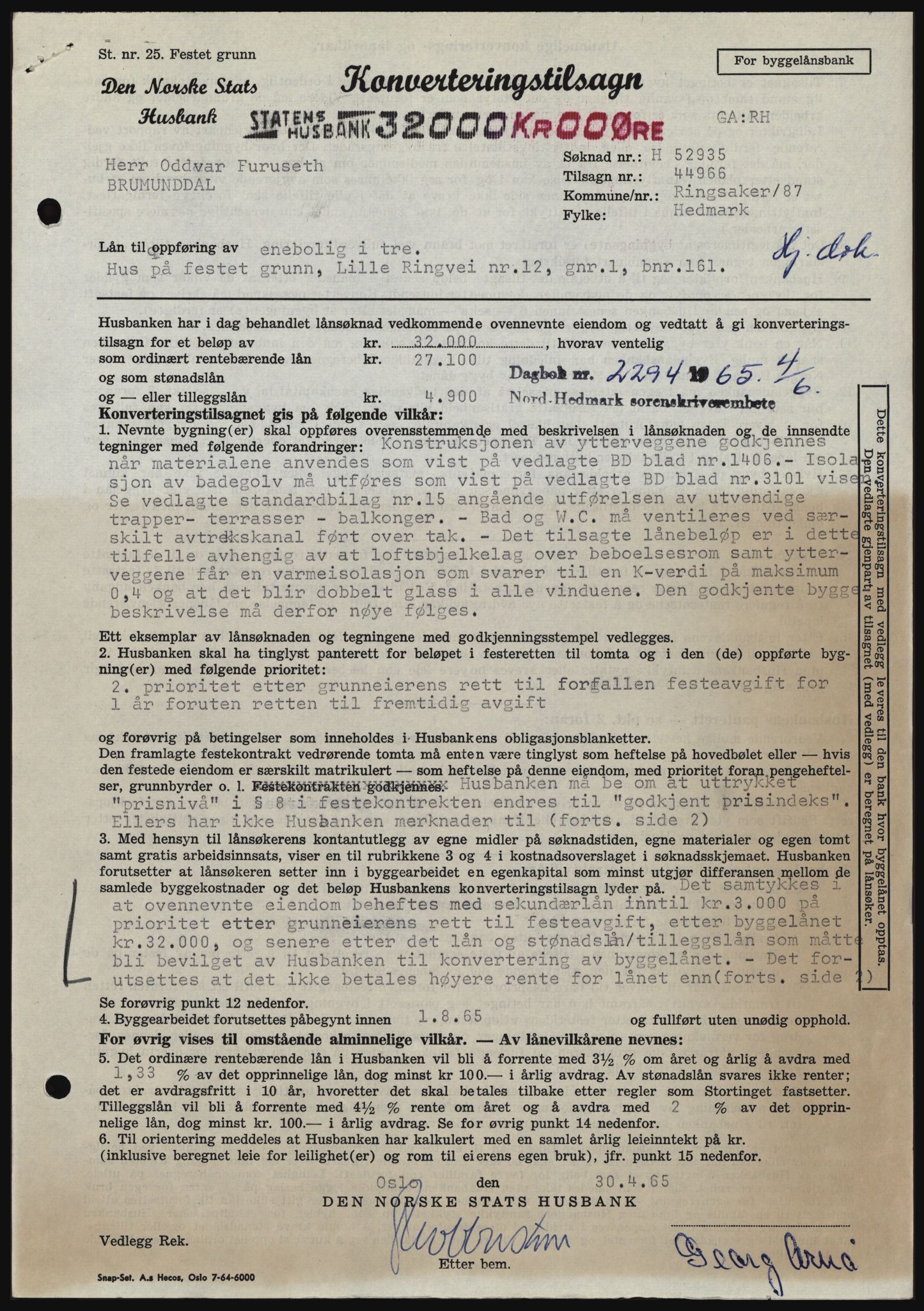 Nord-Hedmark sorenskriveri, SAH/TING-012/H/Hc/L0022: Mortgage book no. 22, 1965-1965, Diary no: : 2294/1965
