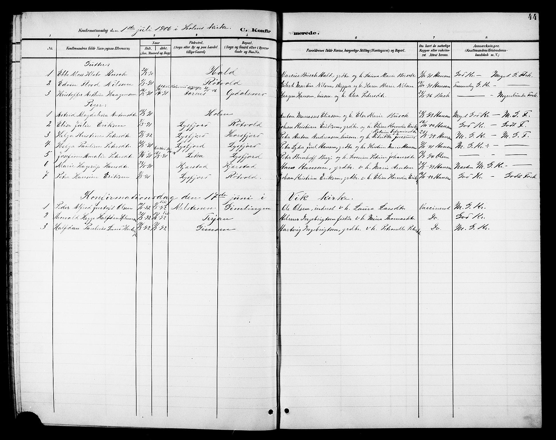 Ministerialprotokoller, klokkerbøker og fødselsregistre - Nordland, AV/SAT-A-1459/811/L0170: Parish register (copy) no. 811C02, 1896-1908, p. 44