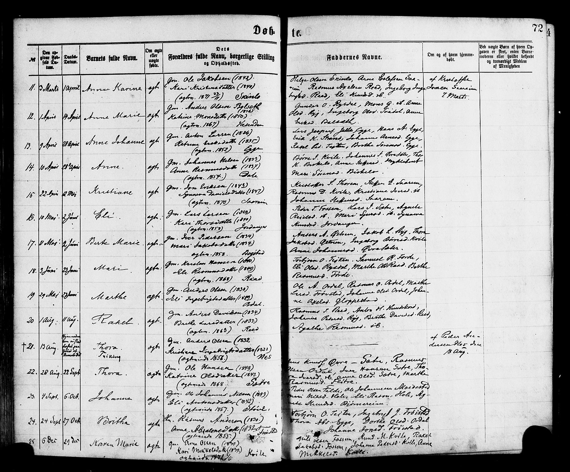 Gloppen sokneprestembete, SAB/A-80101/H/Haa/Haac/L0001: Parish register (official) no. C 1, 1871-1886, p. 72