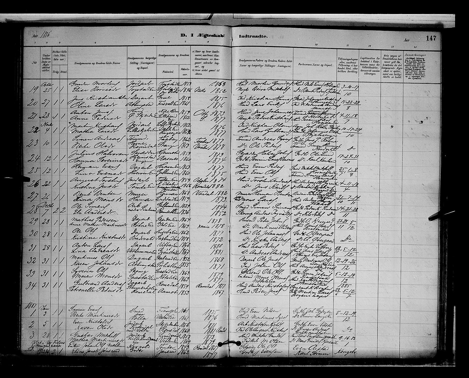 Stange prestekontor, AV/SAH-PREST-002/L/L0009: Parish register (copy) no. 9, 1883-1899, p. 147