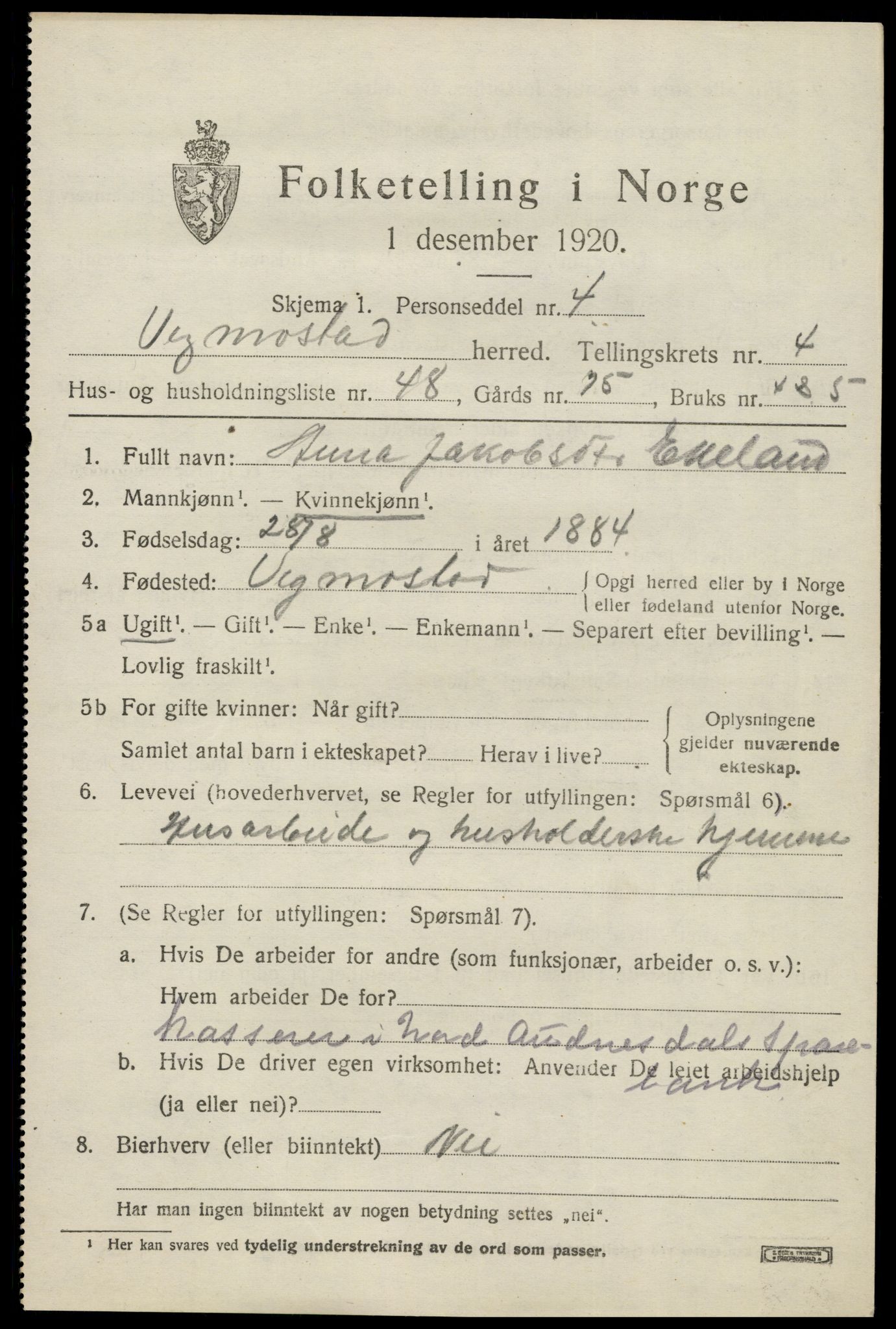 SAK, 1920 census for Vigmostad, 1920, p. 1679