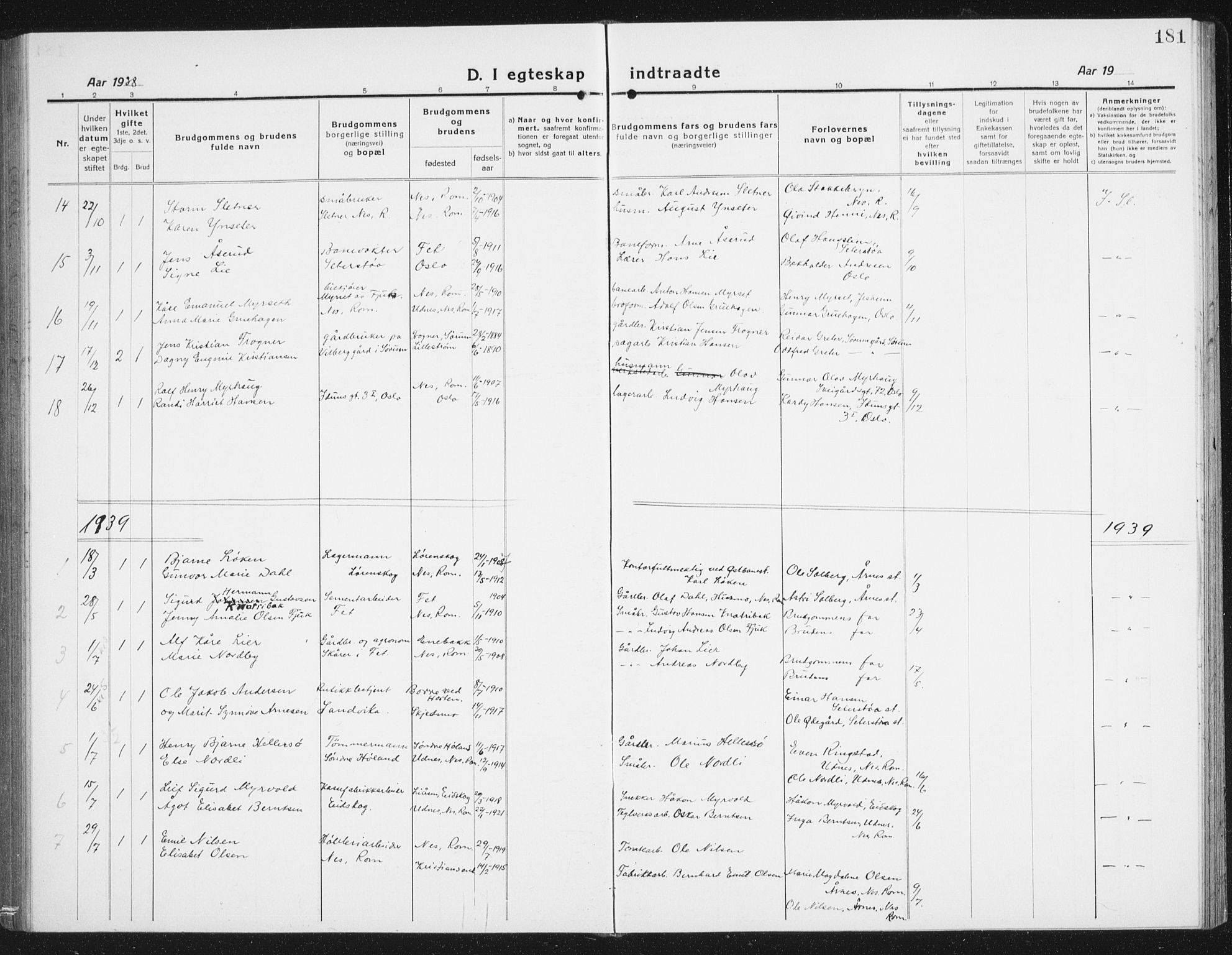 Nes prestekontor Kirkebøker, SAO/A-10410/G/Gc/L0002: Parish register (copy) no. III 2, 1915-1943, p. 181