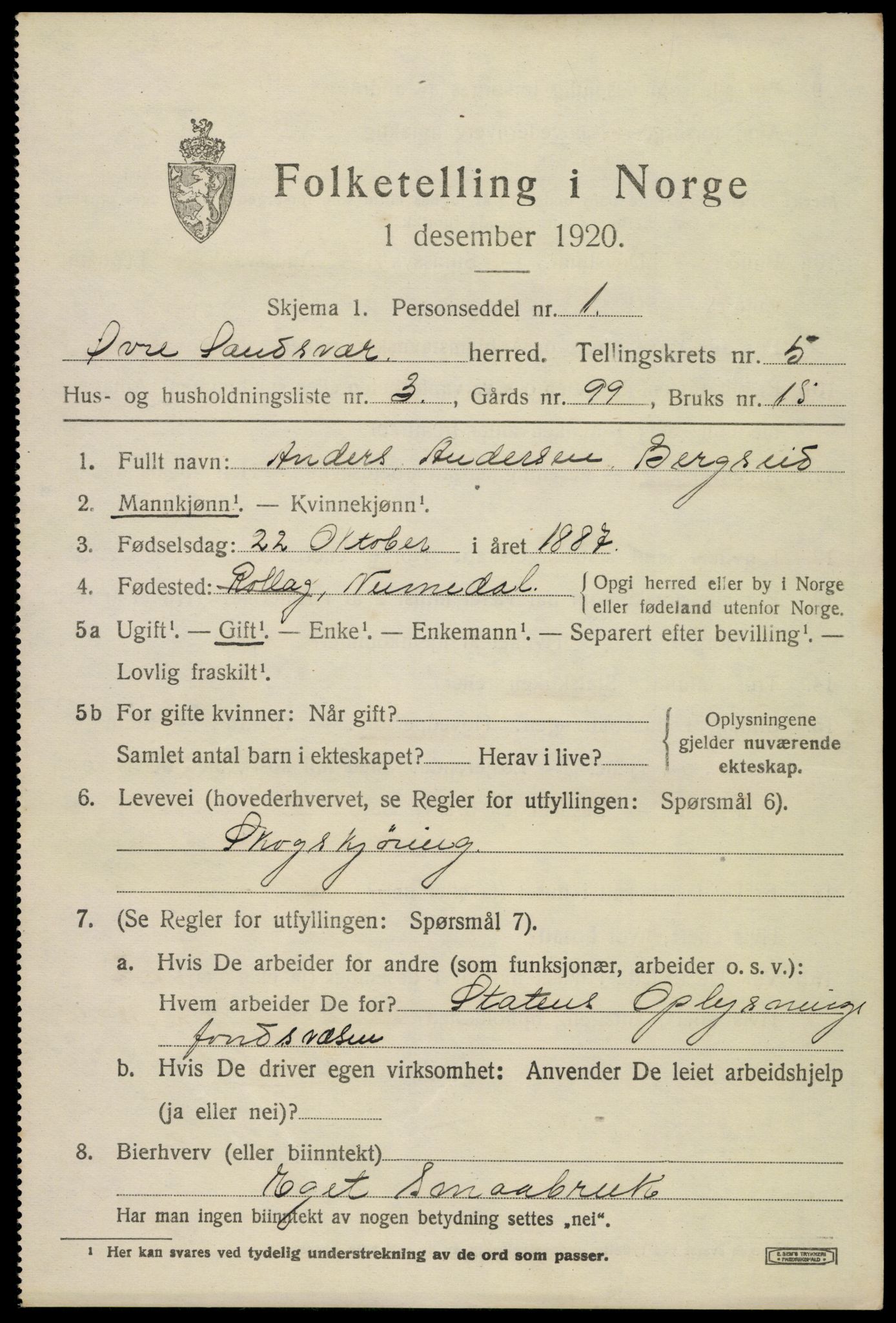 SAKO, 1920 census for Øvre Sandsvær, 1920, p. 2856