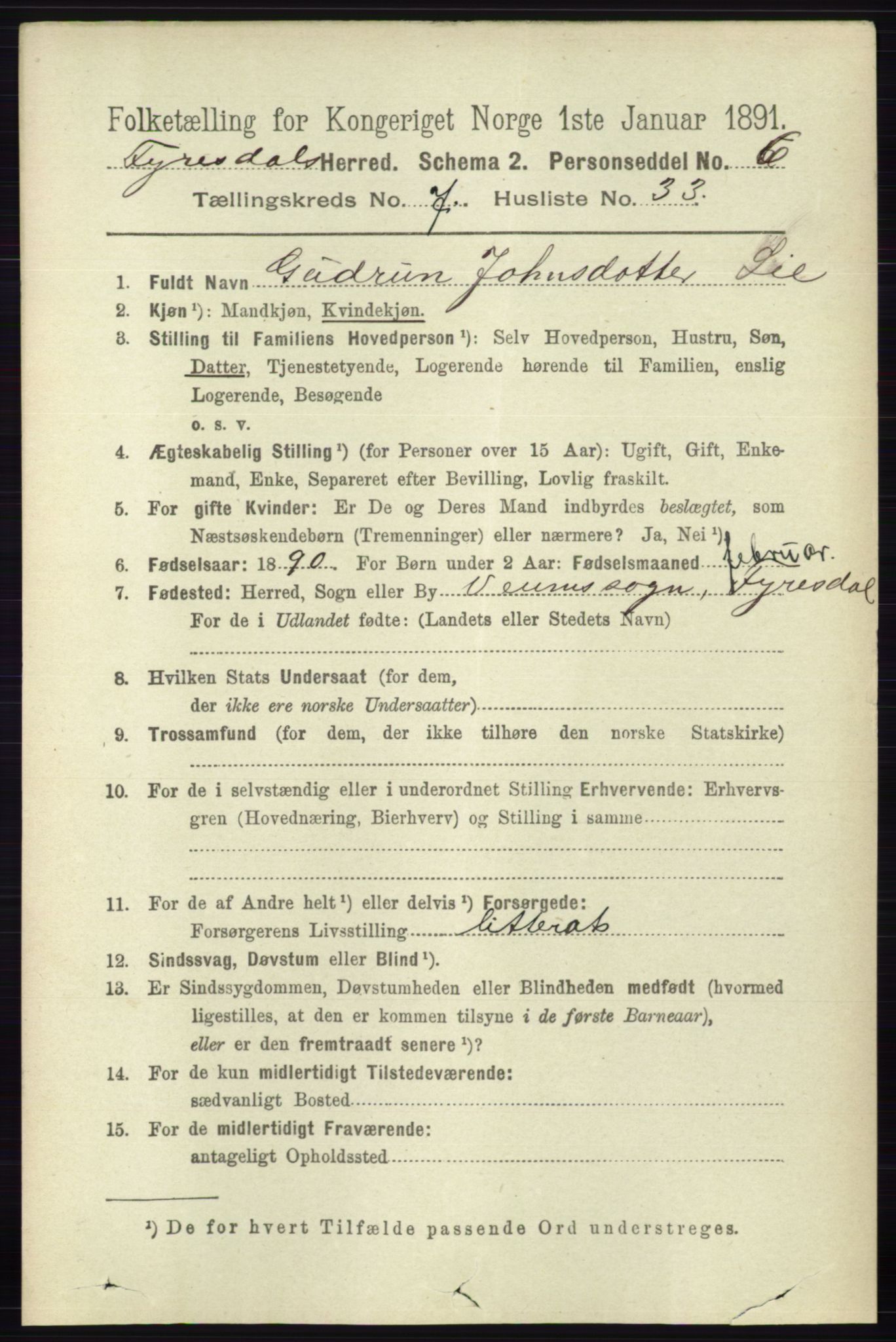 RA, 1891 census for 0831 Fyresdal, 1891, p. 2125