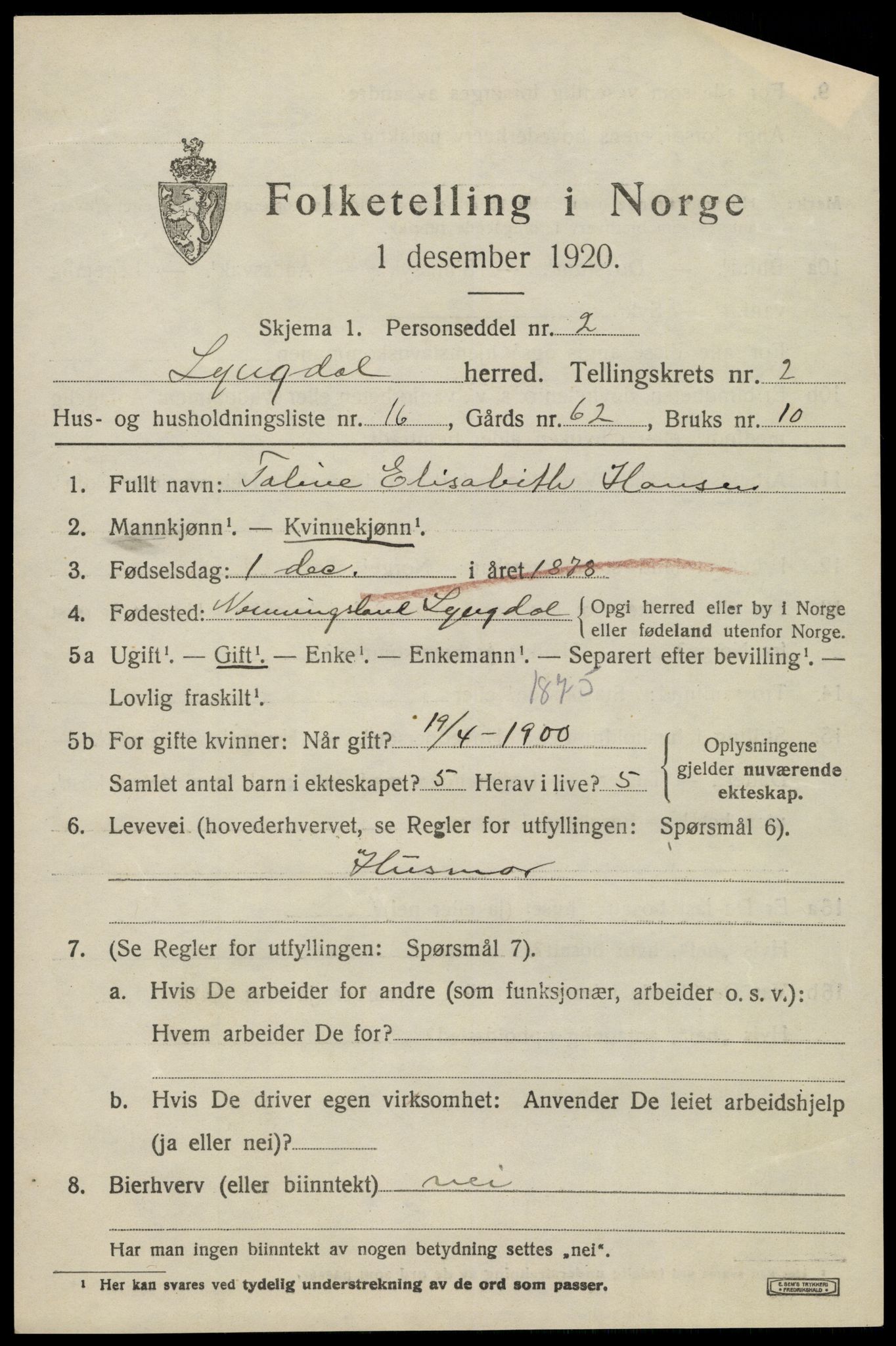 SAK, 1920 census for Lyngdal, 1920, p. 1721