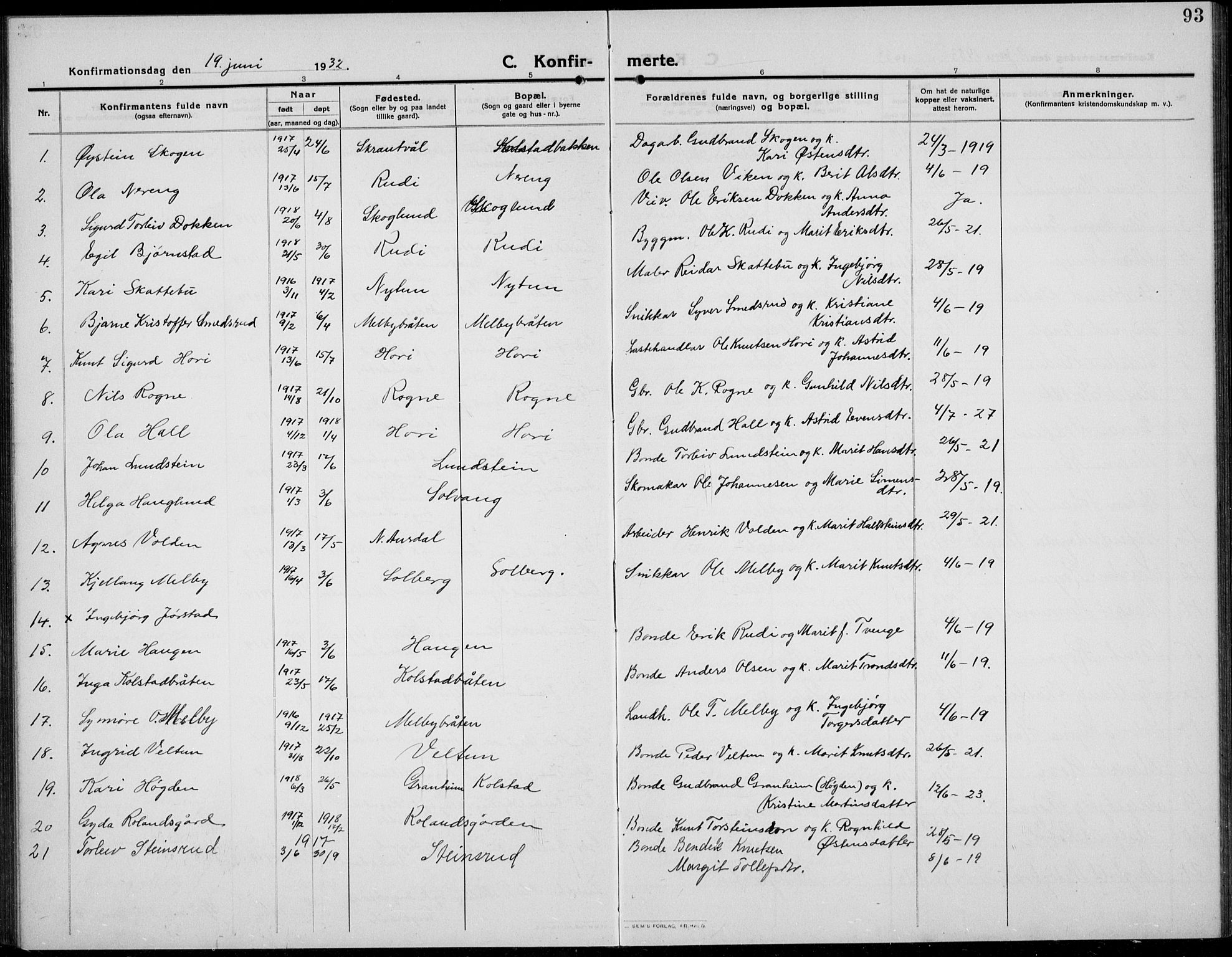 Øystre Slidre prestekontor, SAH/PREST-138/H/Ha/Hab/L0008: Parish register (copy) no. 8, 1911-1938, p. 93