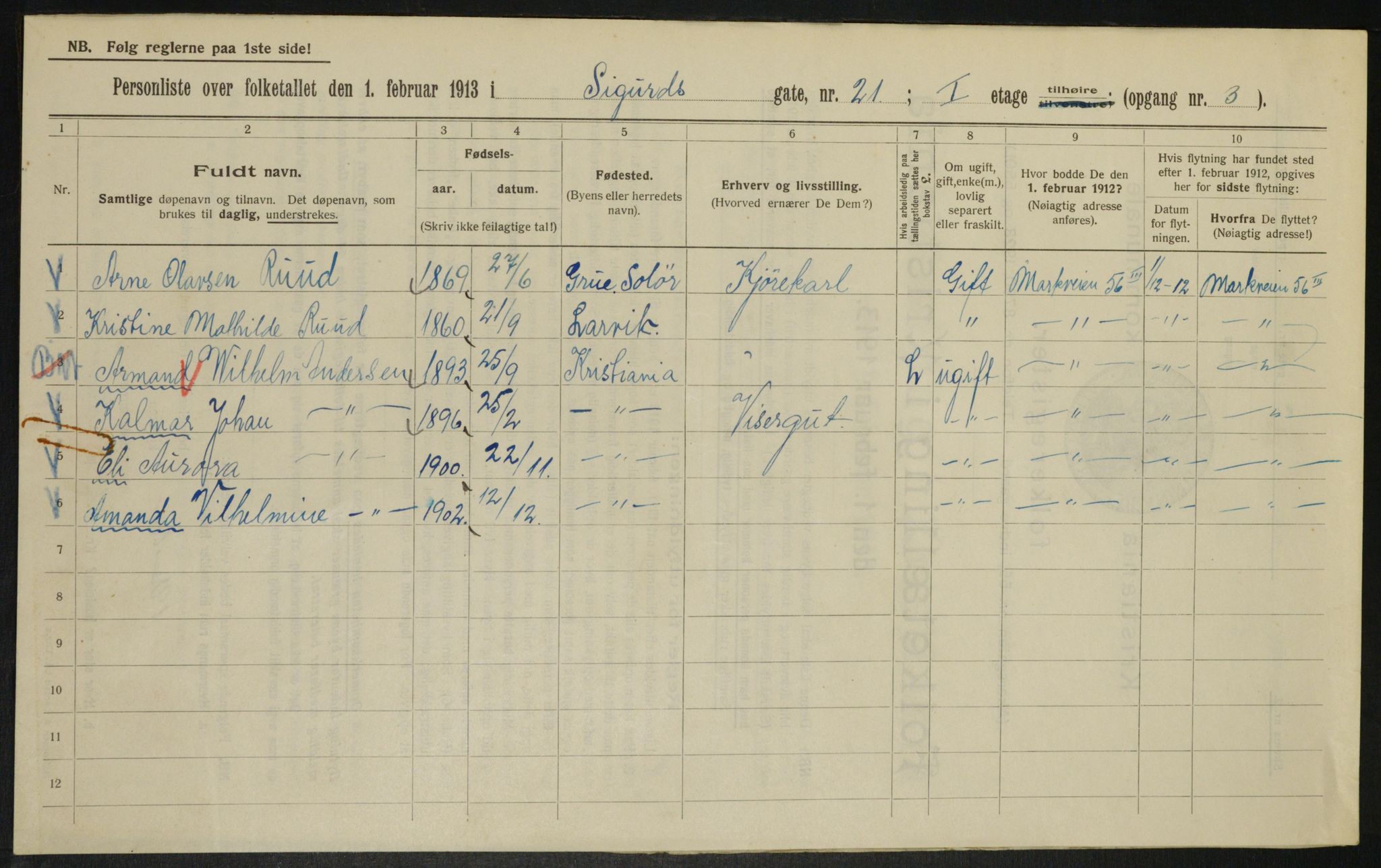 OBA, Municipal Census 1913 for Kristiania, 1913, p. 95102