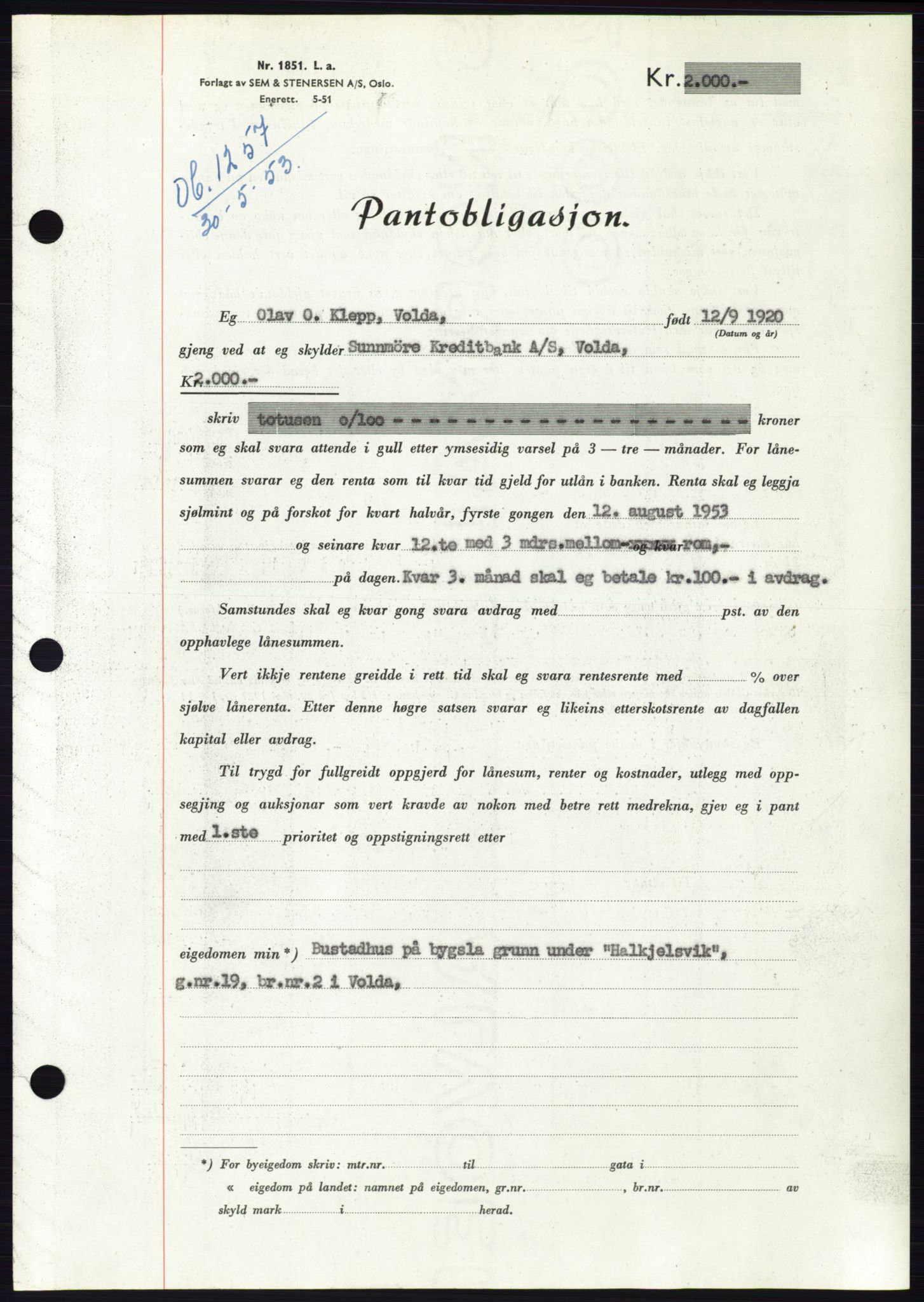 Søre Sunnmøre sorenskriveri, AV/SAT-A-4122/1/2/2C/L0123: Mortgage book no. 11B, 1953-1953, Diary no: : 1257/1953