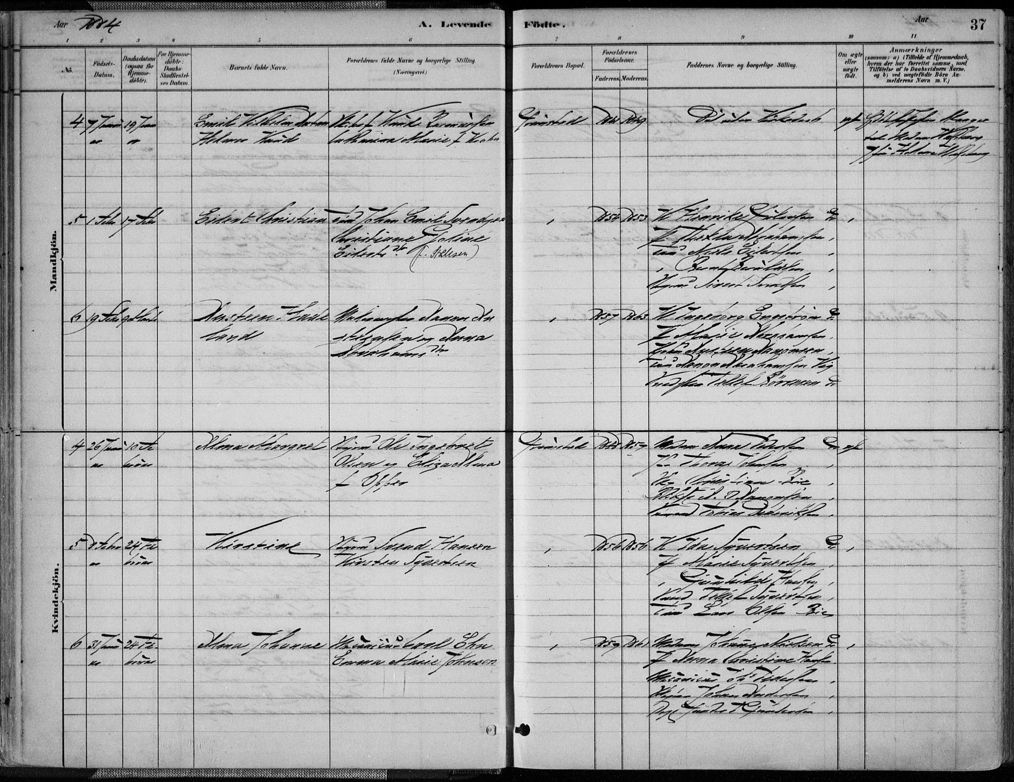 Grimstad sokneprestkontor, AV/SAK-1111-0017/F/Fa/L0003: Parish register (official) no. A 2, 1882-1912, p. 37