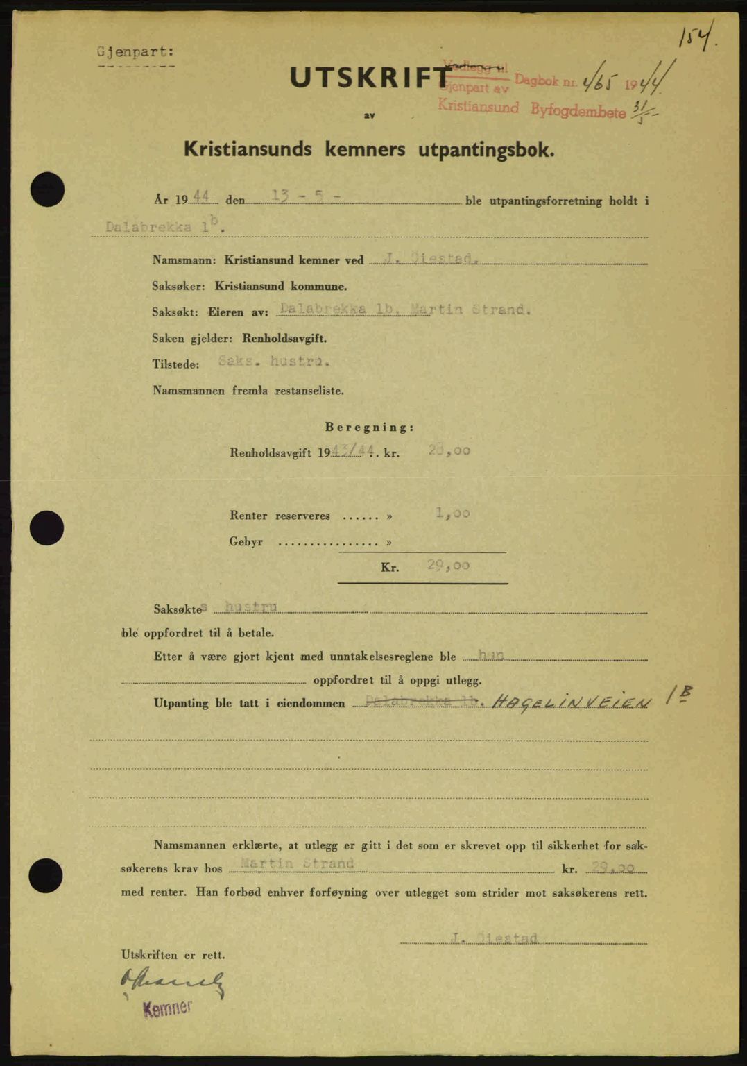 Kristiansund byfogd, SAT/A-4587/A/27: Mortgage book no. 37-38, 1943-1945, Diary no: : 465/1944
