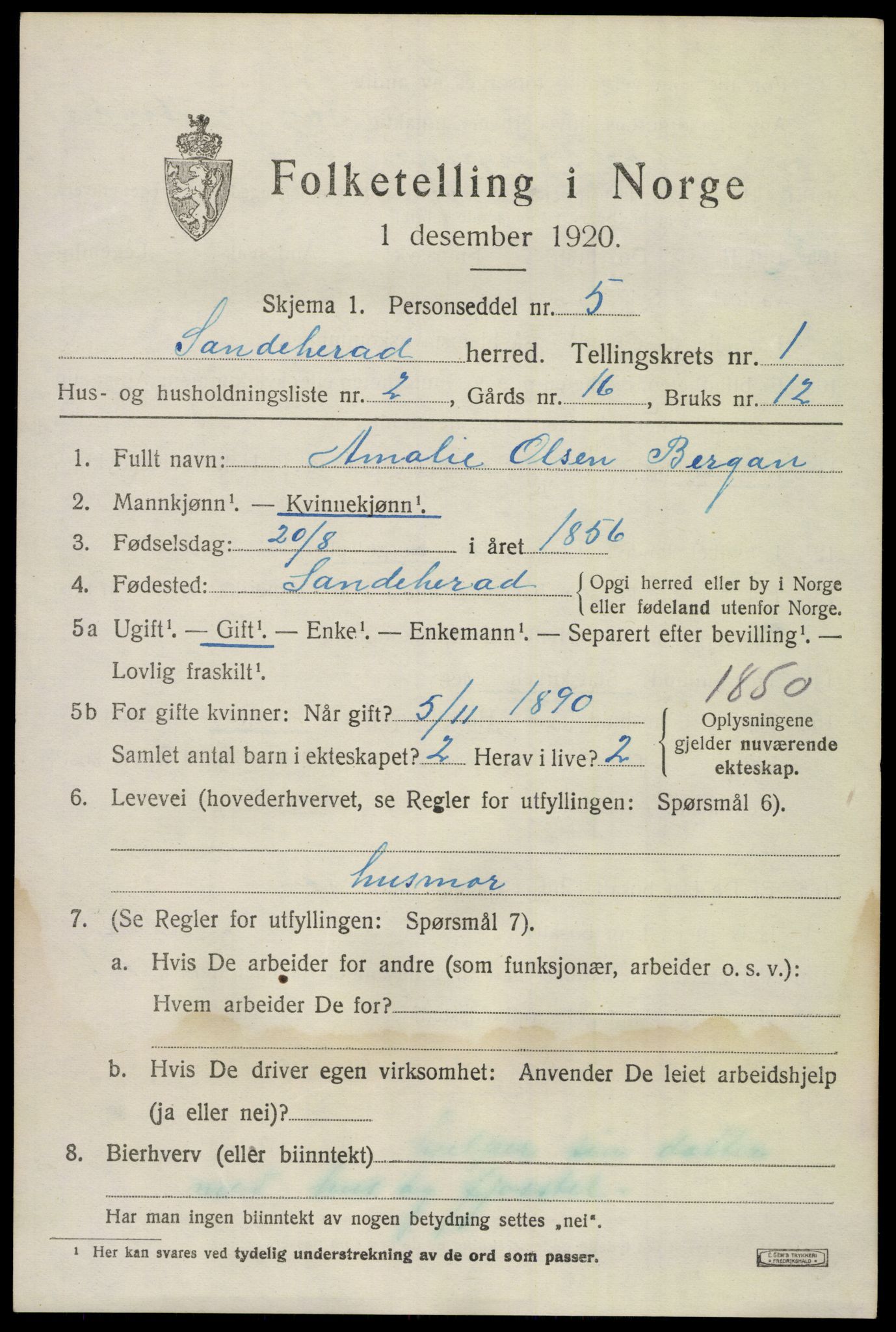 SAKO, 1920 census for Sandeherred, 1920, p. 3774