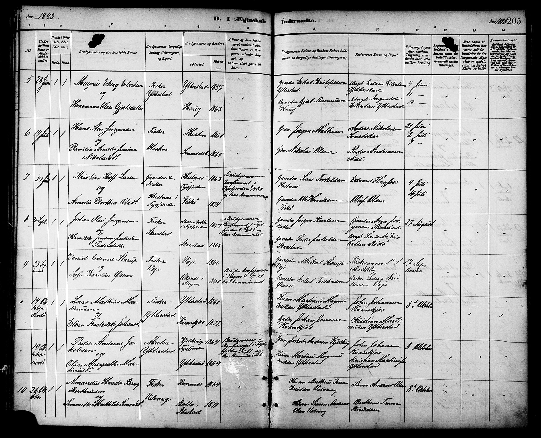 Ministerialprotokoller, klokkerbøker og fødselsregistre - Nordland, AV/SAT-A-1459/872/L1035: Parish register (official) no. 872A10, 1884-1896, p. 205