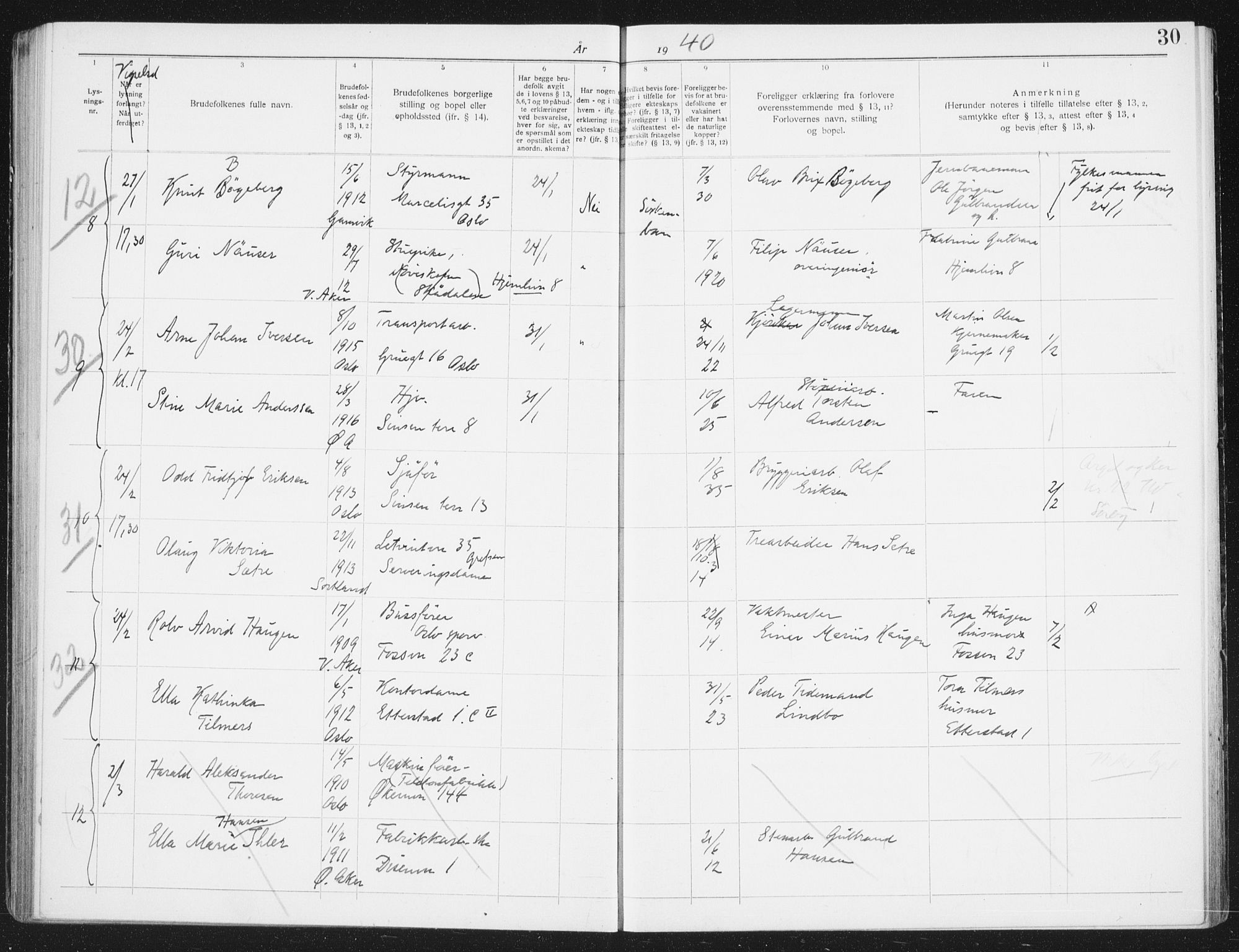 Østre Aker prestekontor Kirkebøker, AV/SAO-A-10840/H/Ha/L0009: Banns register no. I 9, 1939-1942, p. 30
