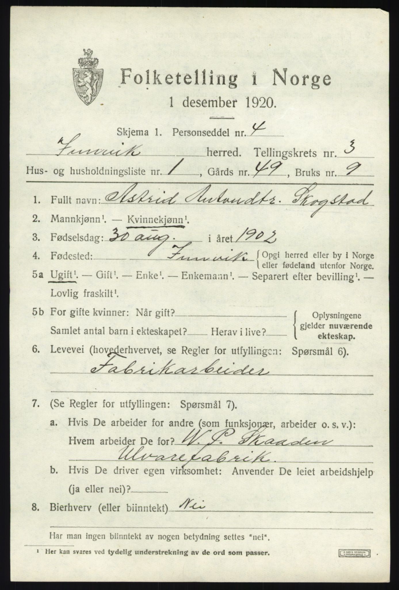 SAB, 1920 census for Innvik, 1920, p. 1765