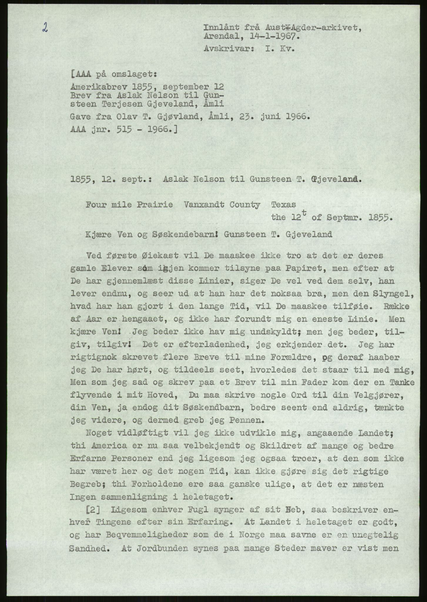 Samlinger til kildeutgivelse, Amerikabrevene, AV/RA-EA-4057/F/L0026: Innlån fra Aust-Agder: Aust-Agder-Arkivet - Erickson, 1838-1914, p. 873