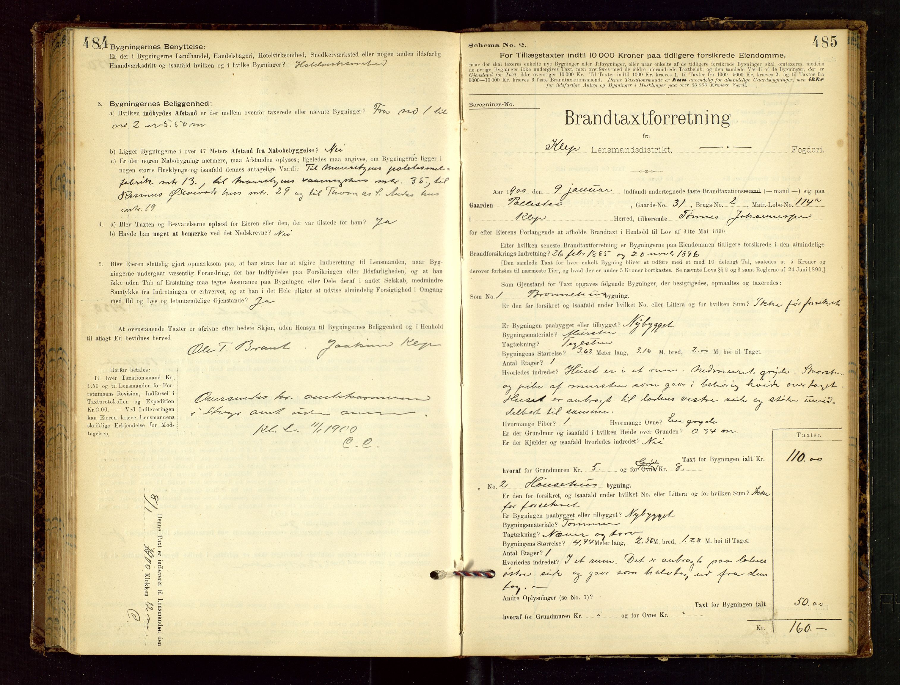 Klepp lensmannskontor, SAST/A-100163/Goc/L0002: "Brandtaxationsprotokol" m/register, 1898-1902, p. 484-485