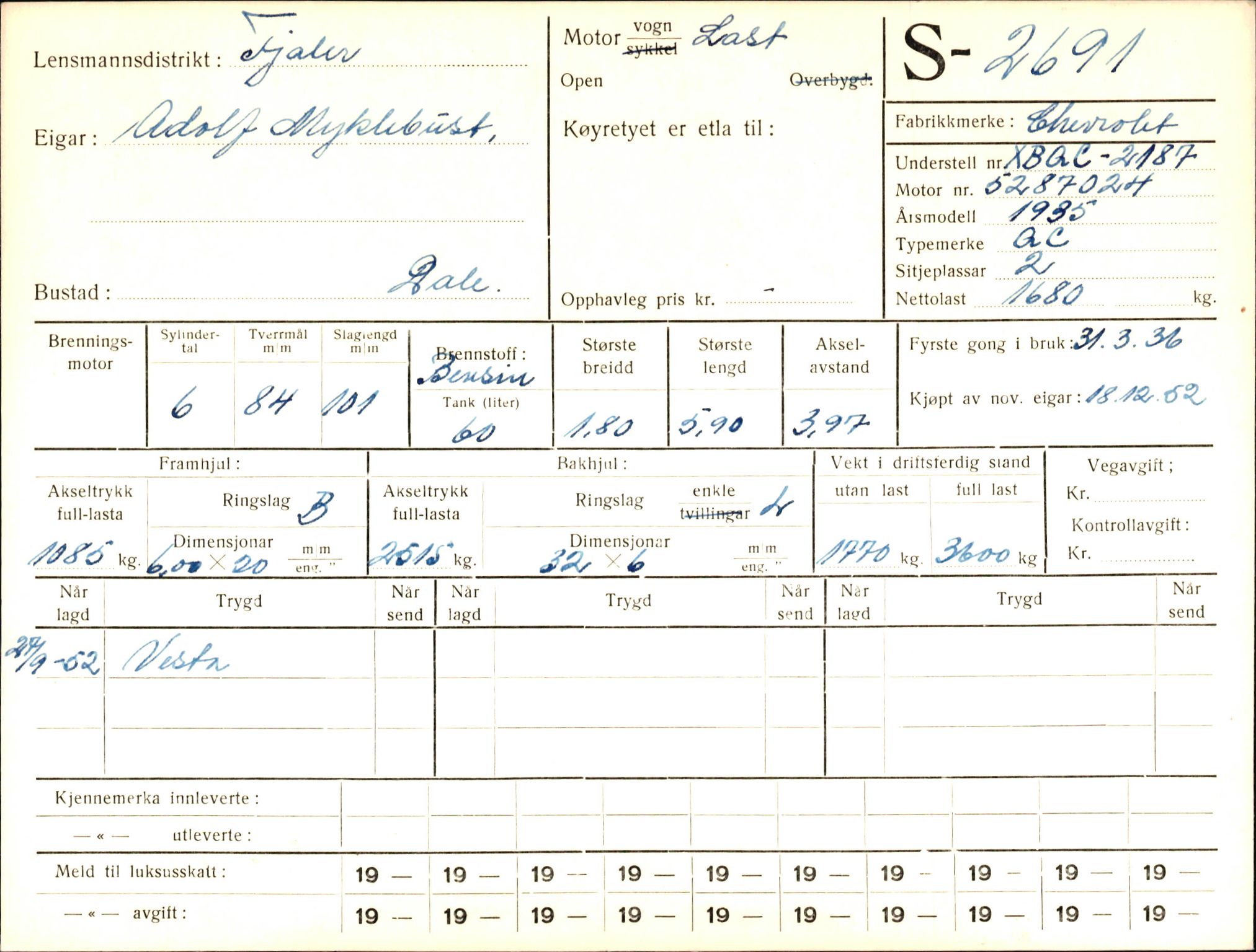 Statens vegvesen, Sogn og Fjordane vegkontor, AV/SAB-A-5301/4/F/L0004: Registerkort utmeldte Fjordane S2500-2700, S7200-7899, 1930-1961, p. 245
