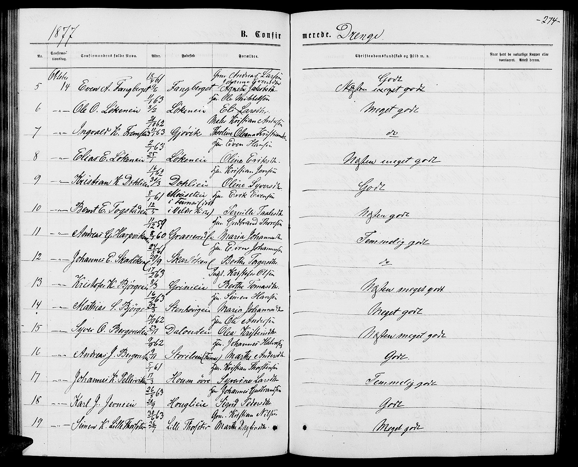 Ringsaker prestekontor, AV/SAH-PREST-014/L/La/L0008: Parish register (copy) no. 8, 1870-1878, p. 274