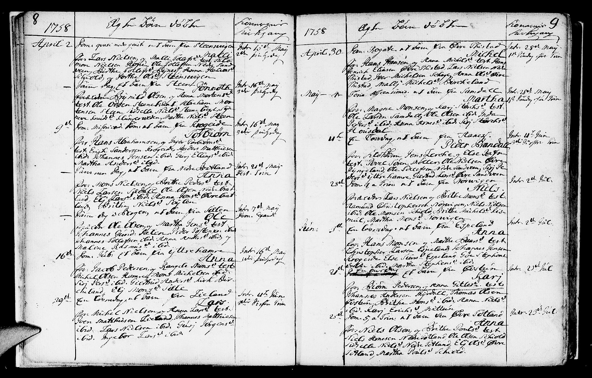 Fana Sokneprestembete, SAB/A-75101/H/Haa/Haaa/L0004: Parish register (official) no. A 4, 1757-1774, p. 8-9