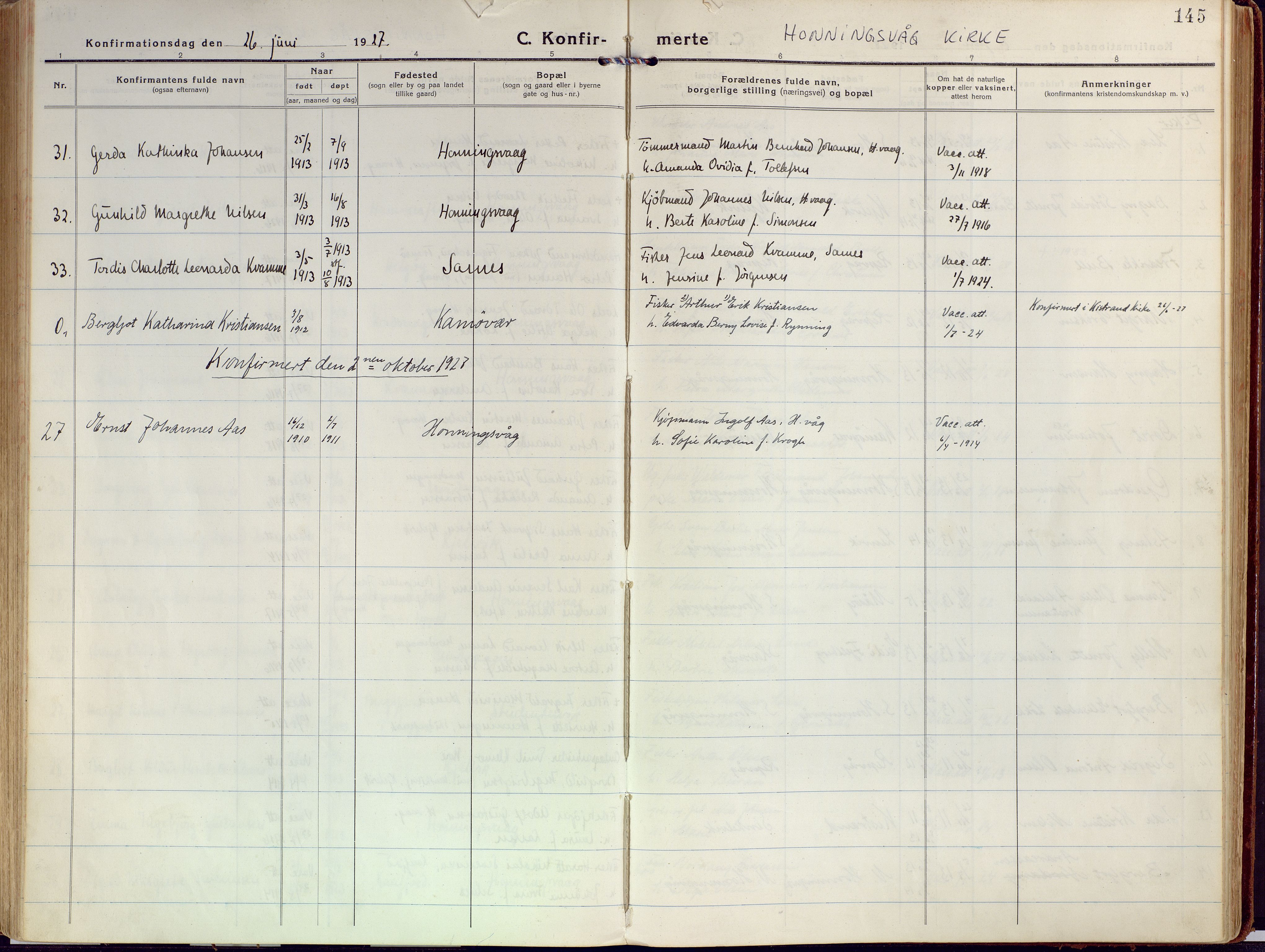 Kjelvik/Nordkapp sokneprestkontor, AV/SATØ-S-1350/H/Ha/L0002kirke: Parish register (official) no. 2, 1920-1929, p. 145