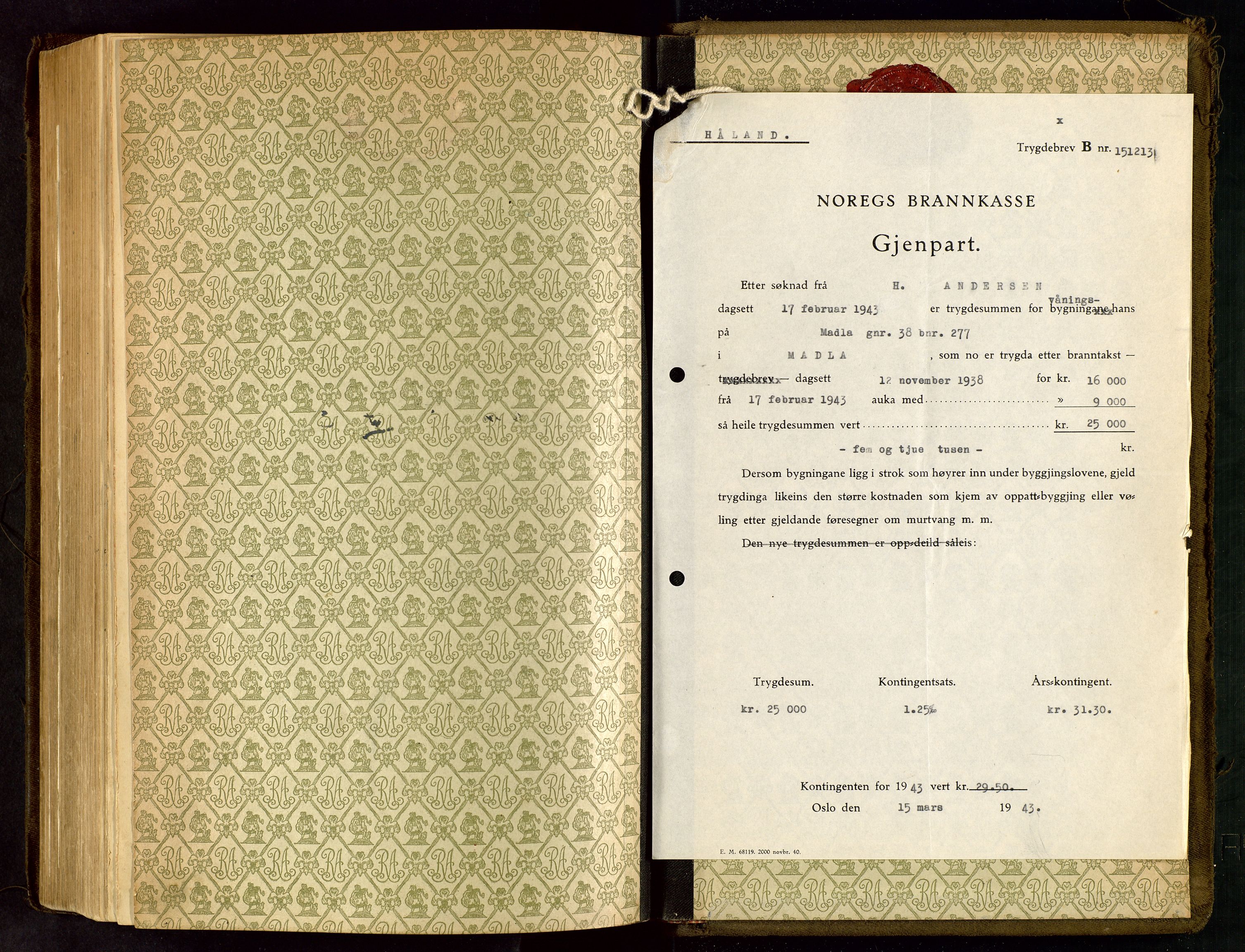 Håland lensmannskontor, SAST/A-100100/Go/L0005: "Brandtakstprotokoll"  Register i boken., 1929-1948