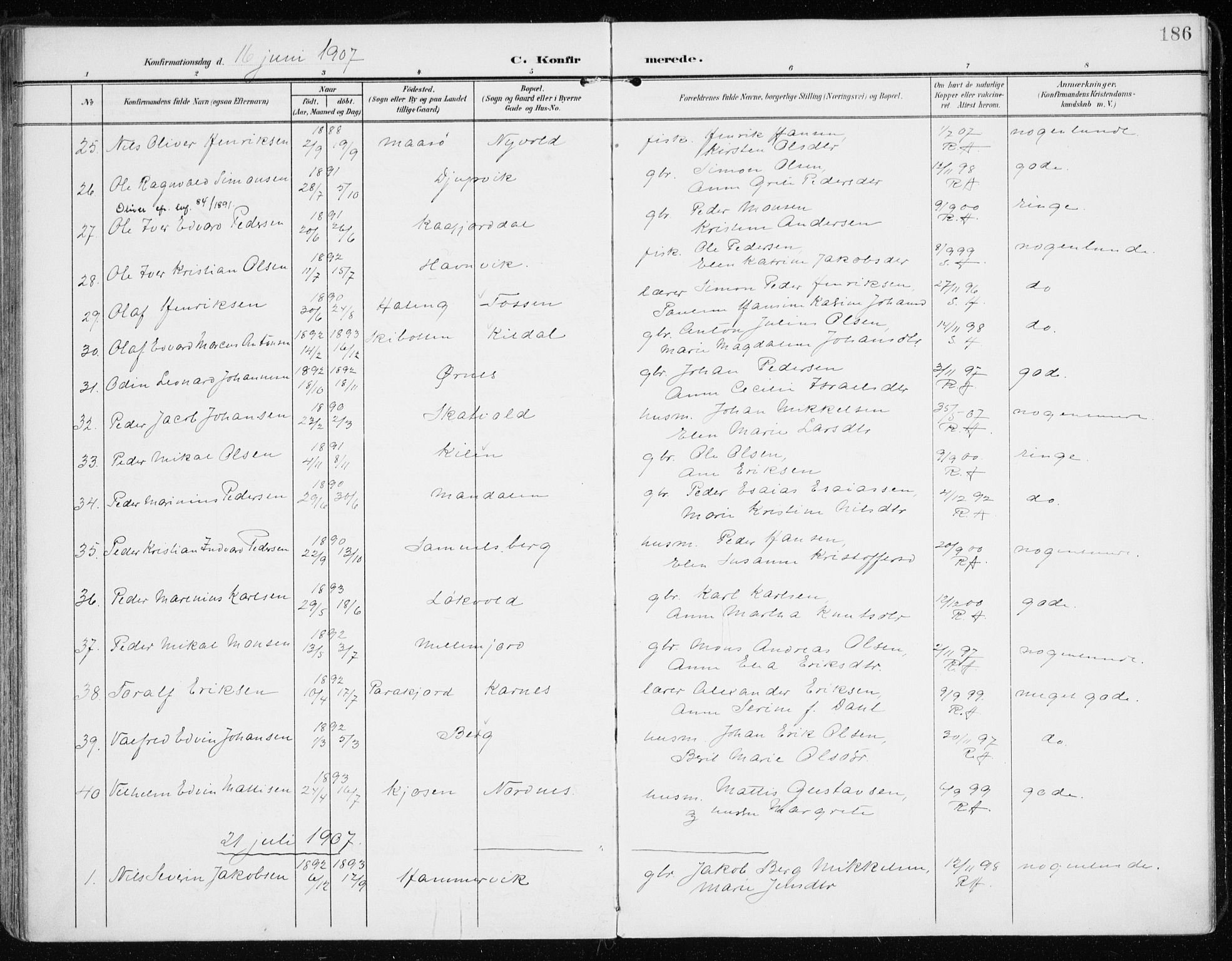 Lyngen sokneprestembete, AV/SATØ-S-1289/H/He/Hea/L0011kirke: Parish register (official) no. 11, 1903-1913, p. 186