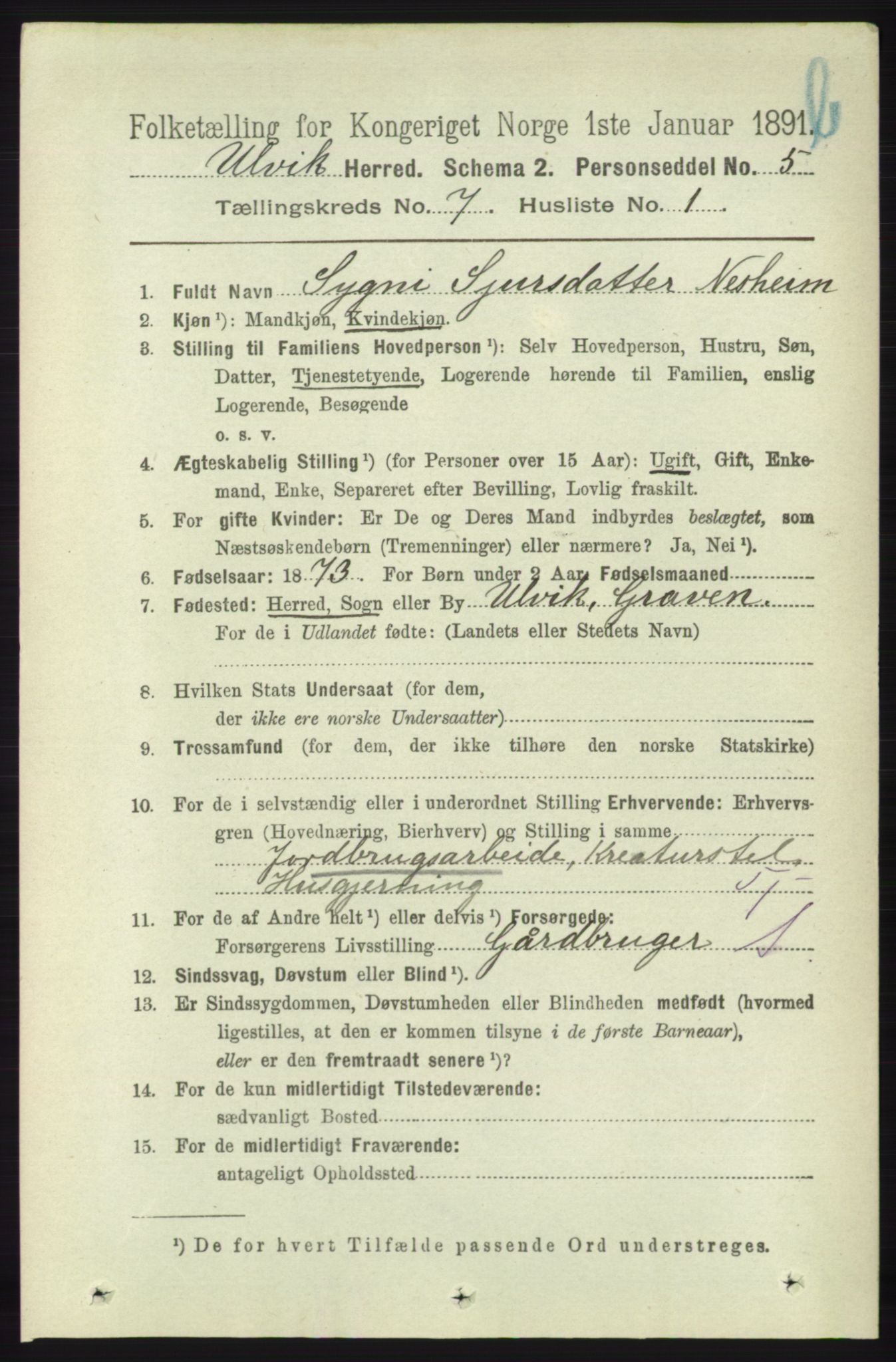 RA, 1891 census for 1233 Ulvik, 1891, p. 2274