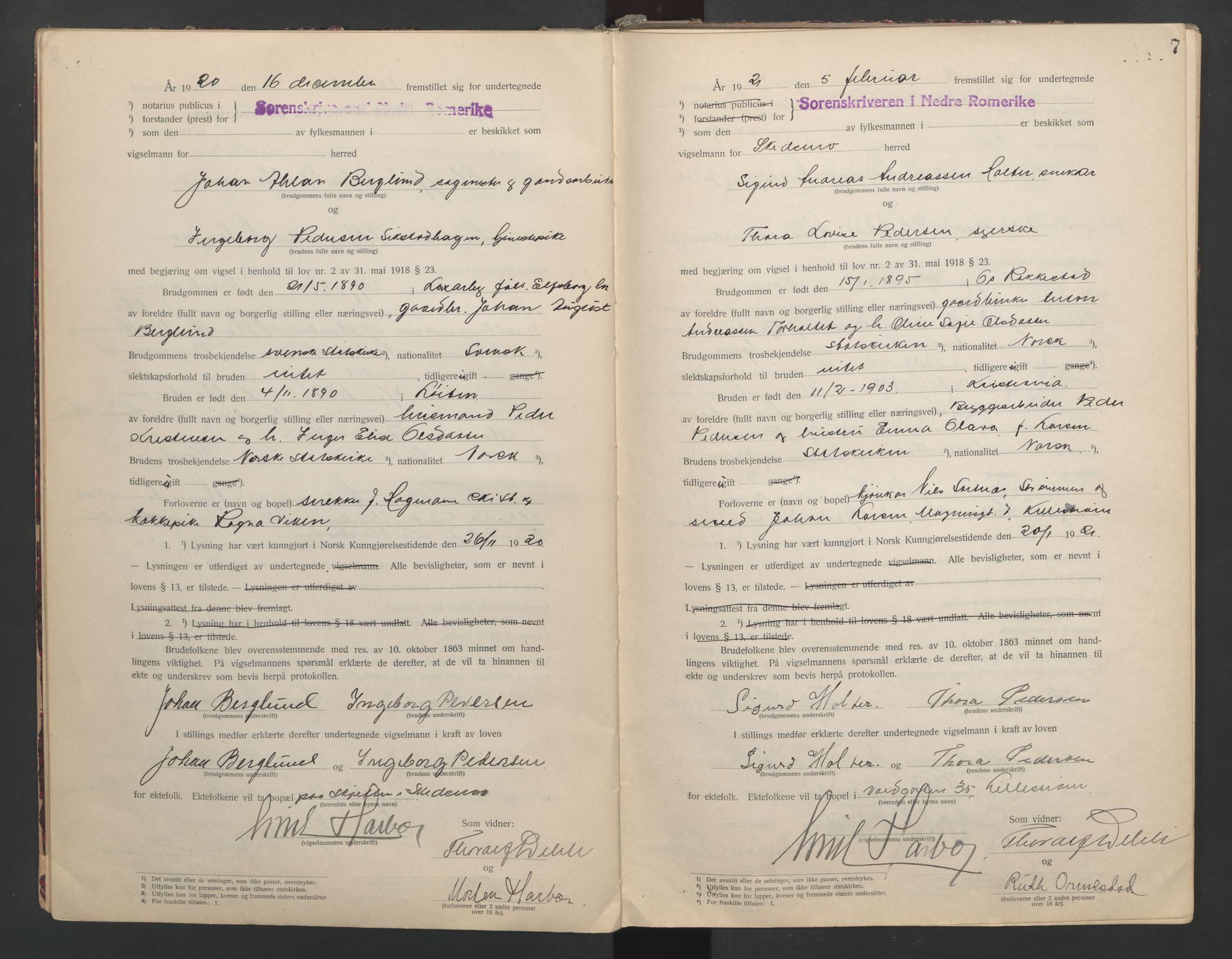 Nedre Romerike sorenskriveri, AV/SAO-A-10469/L/Lb/L0001: Vigselsbok - borgerlige vielser, 1920-1935, p. 7