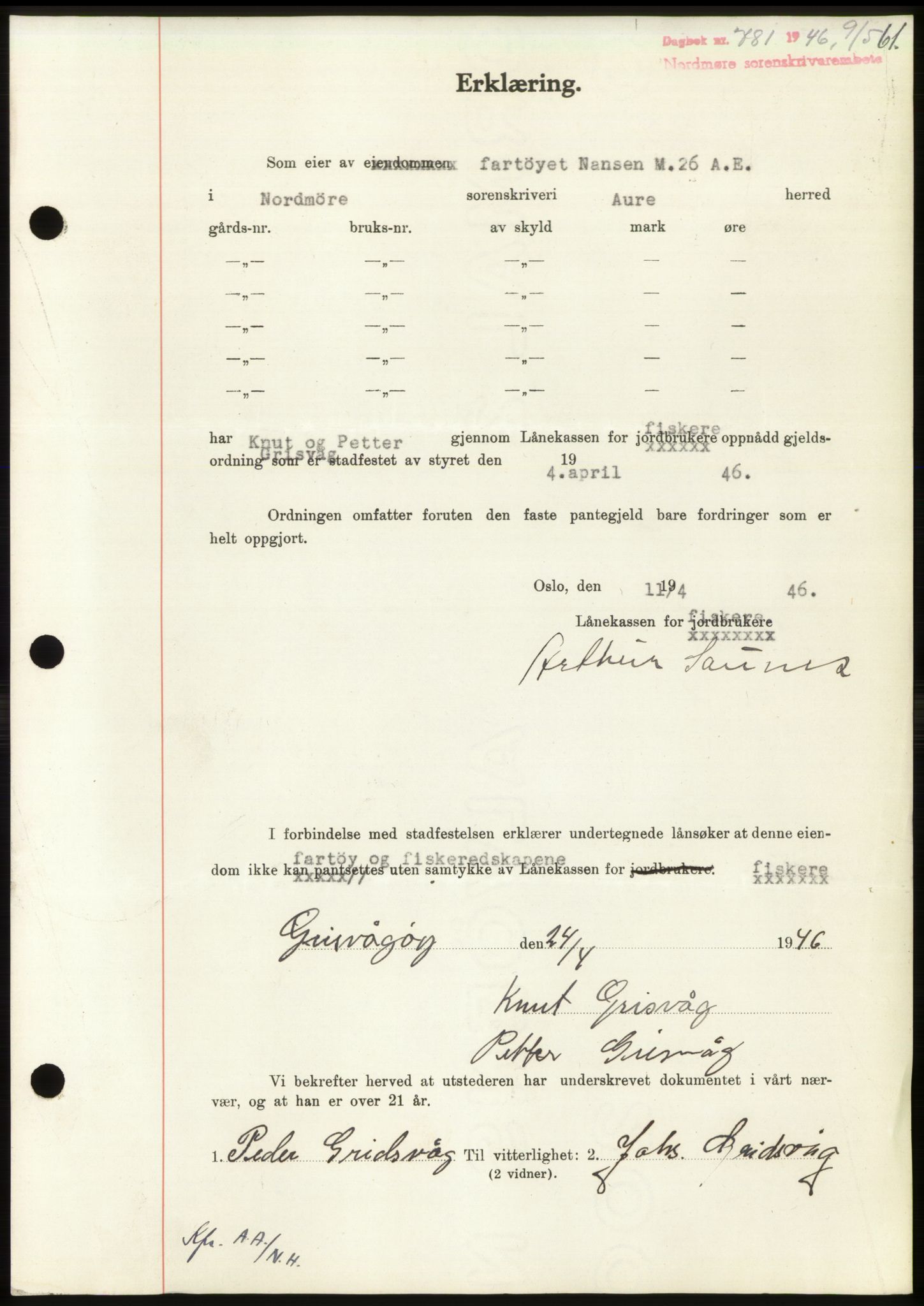 Nordmøre sorenskriveri, AV/SAT-A-4132/1/2/2Ca: Mortgage book no. B94, 1946-1946, Diary no: : 781/1946