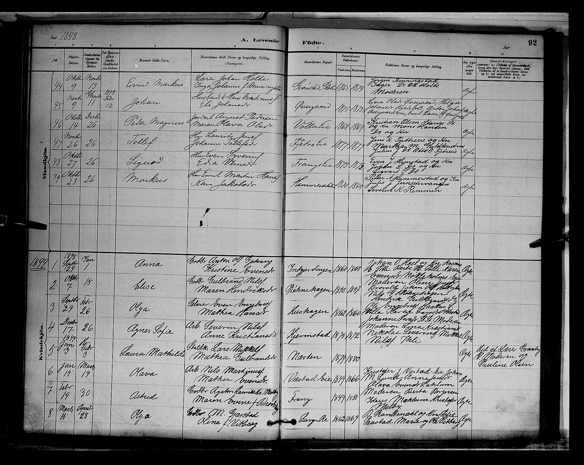 Stange prestekontor, AV/SAH-PREST-002/L/L0009: Parish register (copy) no. 9, 1883-1899, p. 92