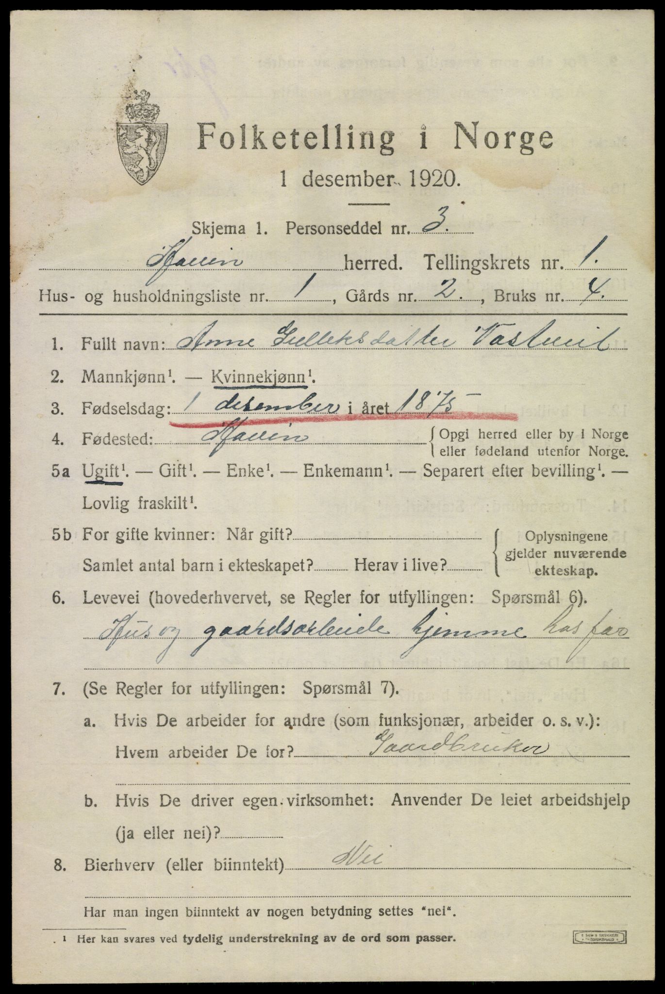 SAKO, 1920 census for Hovin, 1920, p. 361