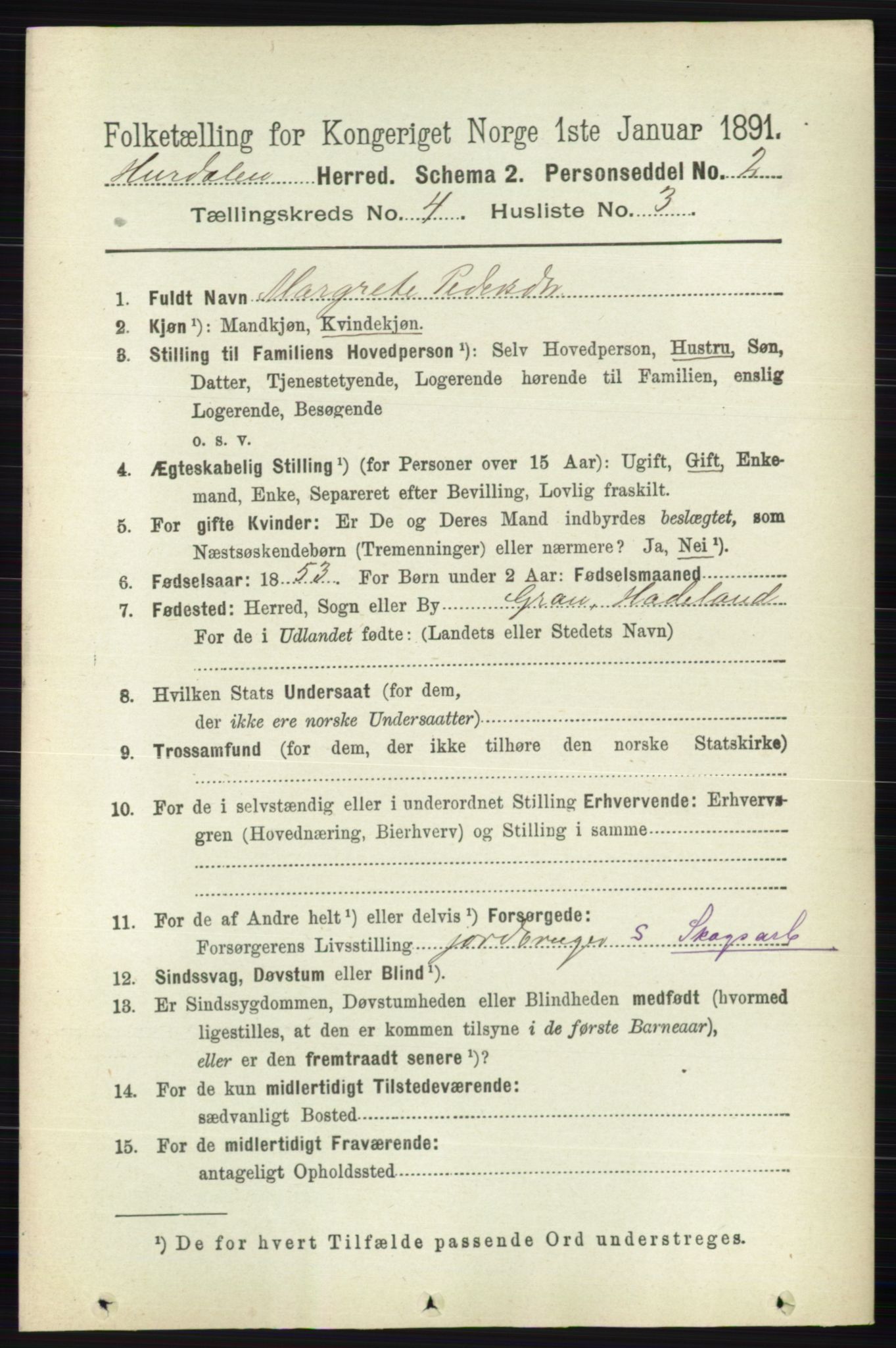RA, 1891 census for 0239 Hurdal, 1891, p. 1440