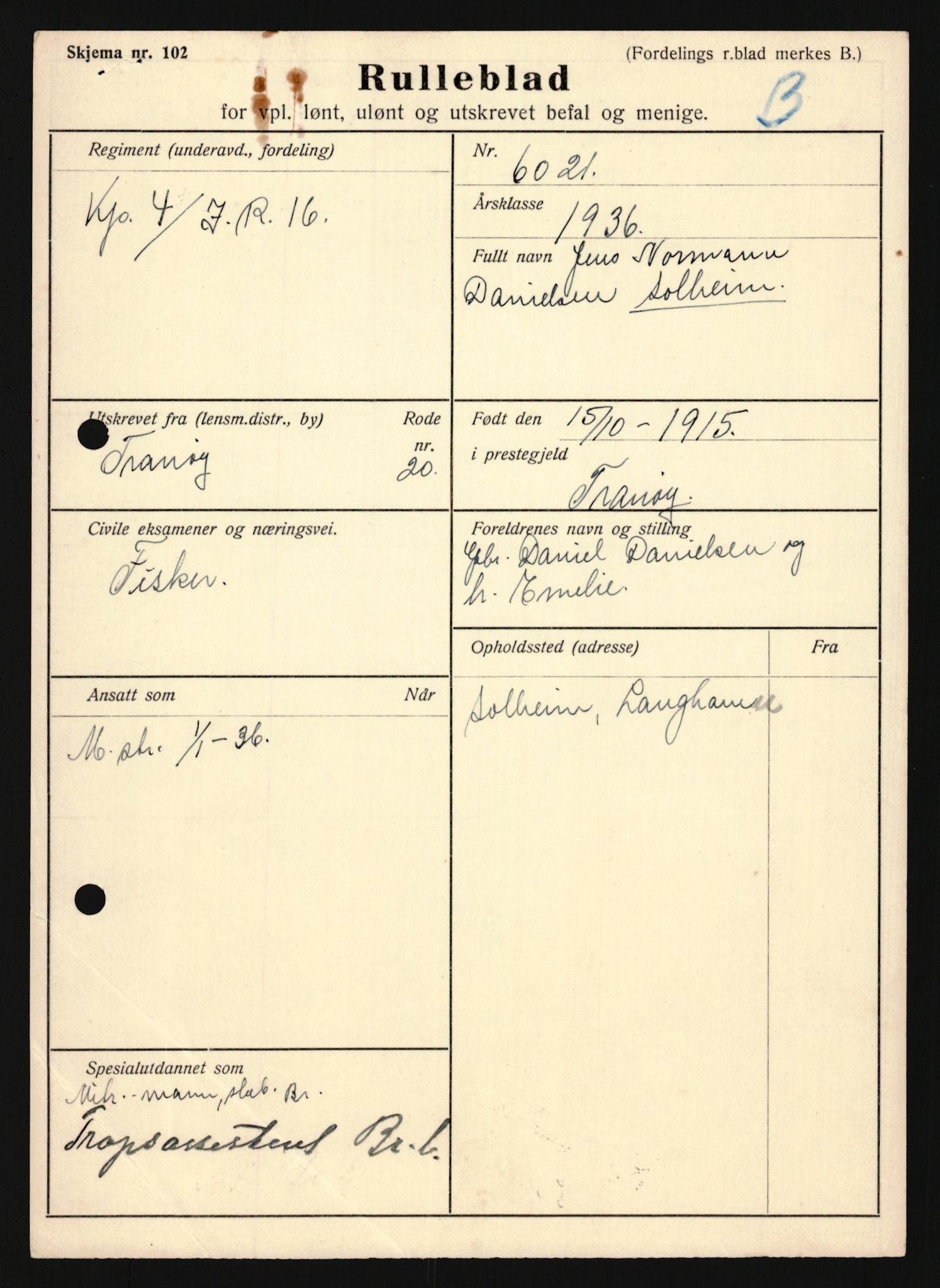 Forsvaret, Troms infanteriregiment nr. 16, AV/RA-RAFA-3146/P/Pa/L0020: Rulleblad for regimentets menige mannskaper, årsklasse 1936, 1936, p. 155