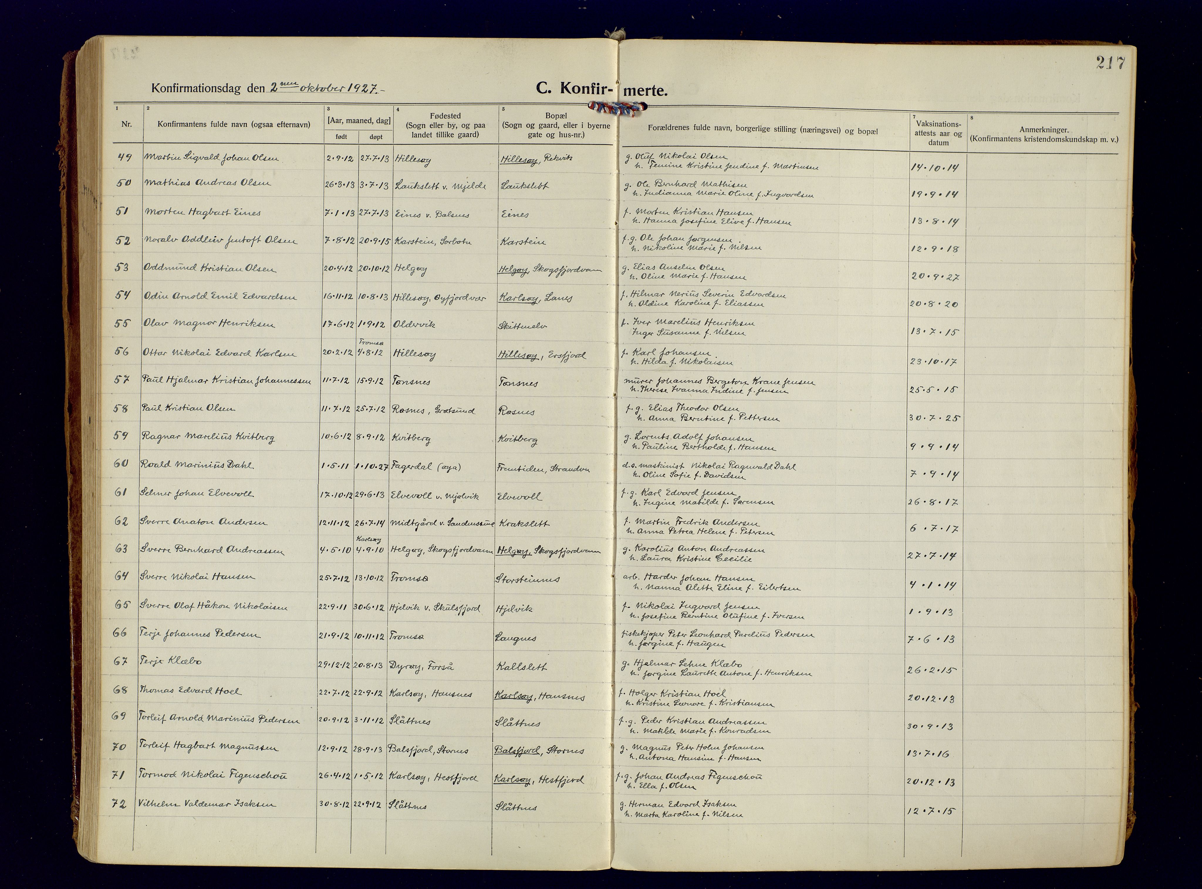 Tromsøysund sokneprestkontor, AV/SATØ-S-1304/G/Ga/L0009kirke: Parish register (official) no. 9, 1922-1934, p. 217