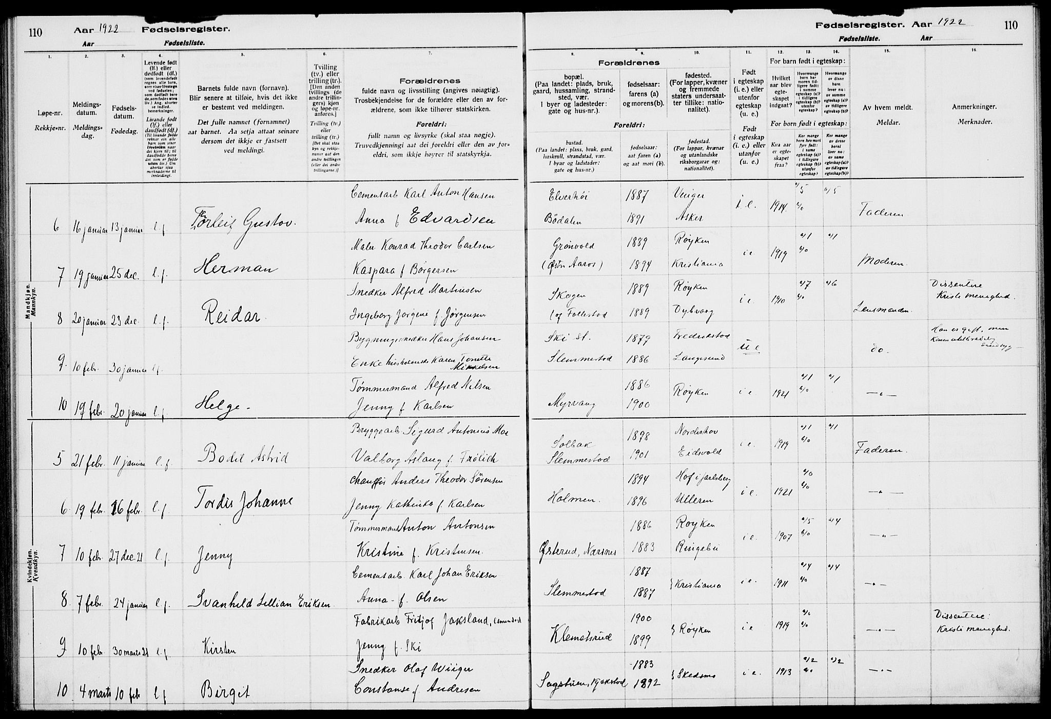 Røyken kirkebøker, AV/SAKO-A-241/J/Ja/L0001: Birth register no. 1, 1916-1927, p. 110